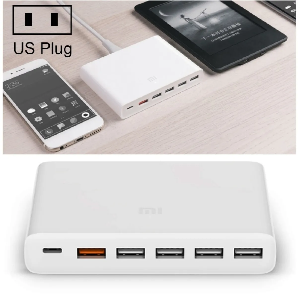 Chargeur pour iPhone 7 / 6S / 6S Plus / 6 Plus / 6 / 5S / 5, Samsung Galaxy S7 / S6 , Huawei et autres Smartphones Original Xiaomi Mi USB-C 60W total Smart Output 1 Type-C + 5 USB-A QC 3.0 Charge rapide,