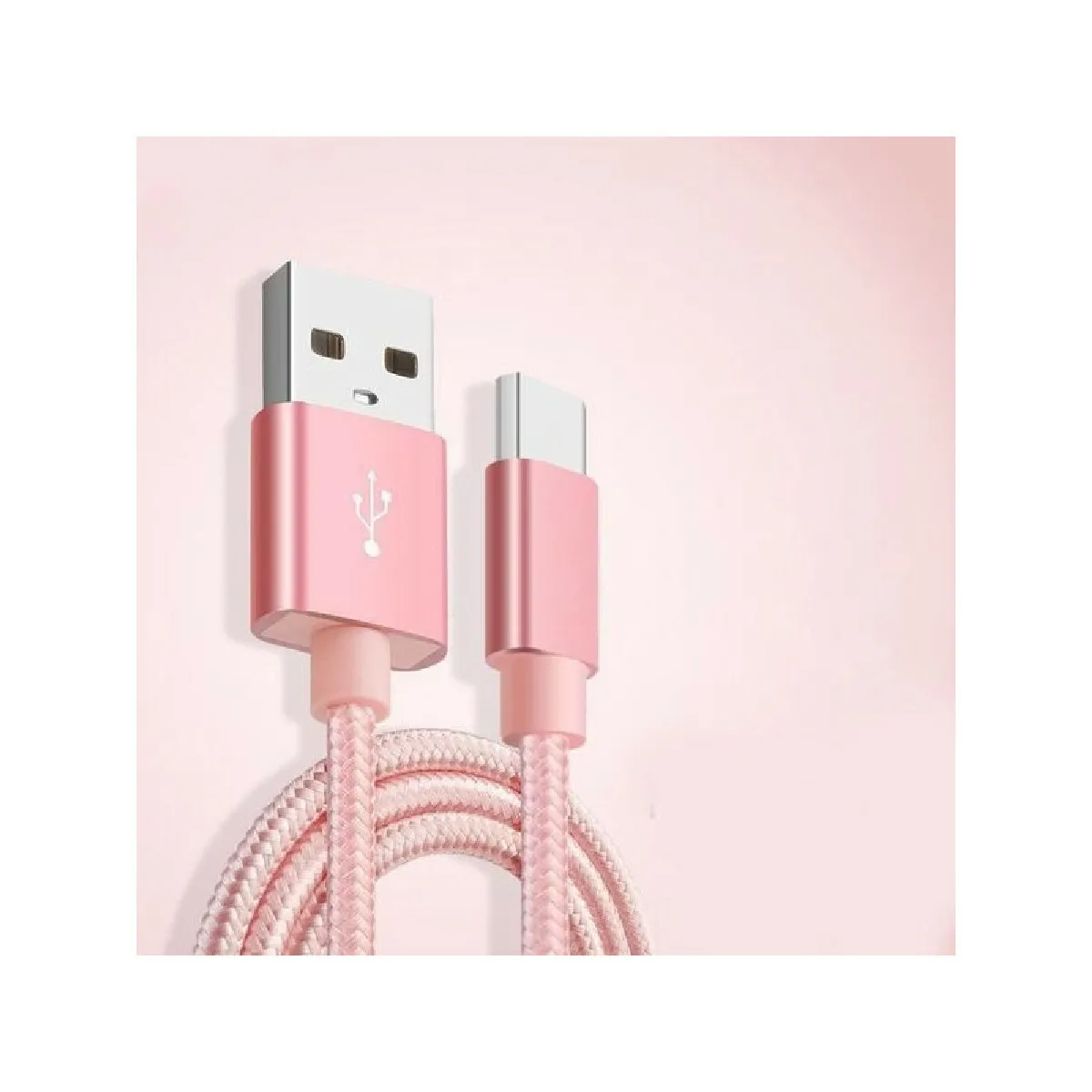 Câble Metal Nylon Renforcé Chargeur USB Type C 1,5m Tréssé Couleur Rose Compatible Samsung LG Sony Wiko Blackberry Motorola Asu