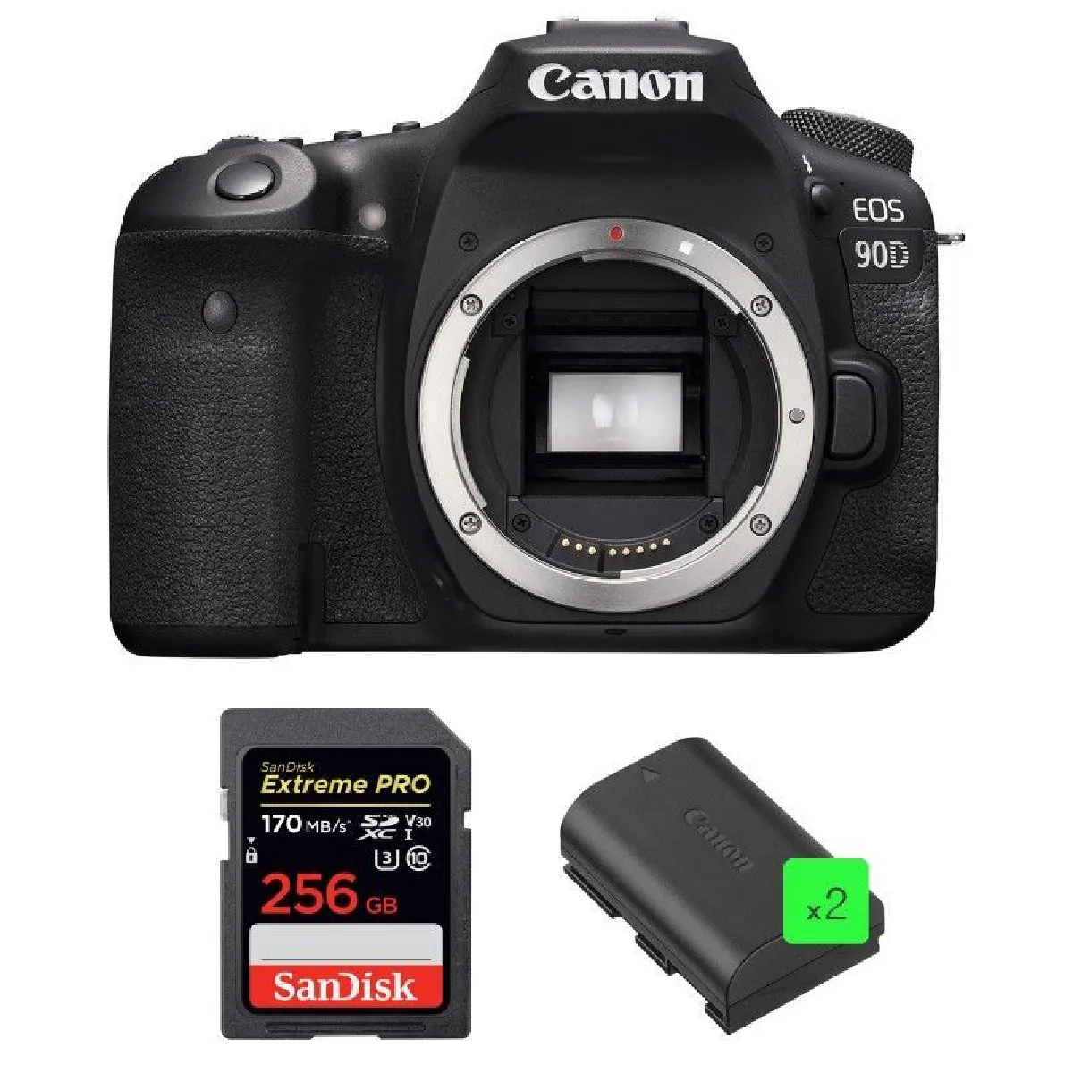 canon-eos-90d-body-sandisk-extreme-pro-256gb-170mb-s-sdxc-canon-lp-e6n-battery-2-pieces-0013803316186