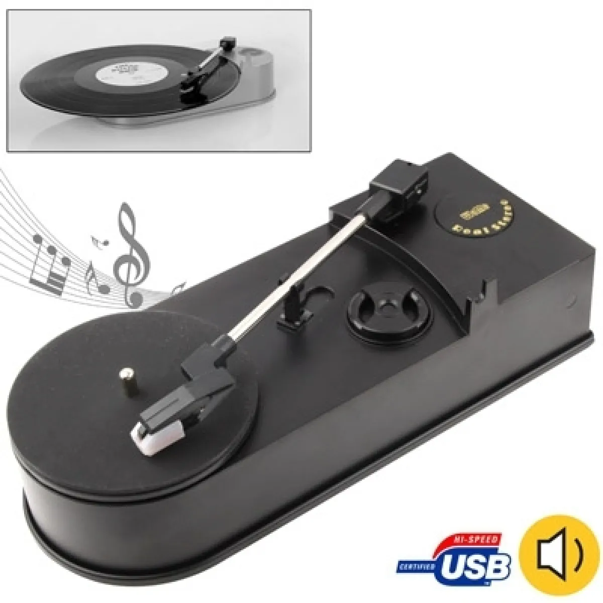 Convertisseur de vinyle noir EC008B, USB Mini Phonographe / Platine / Platines Lecteur Audio, de Support Convertir Enregistrement LP en CD ou Fonction MP3