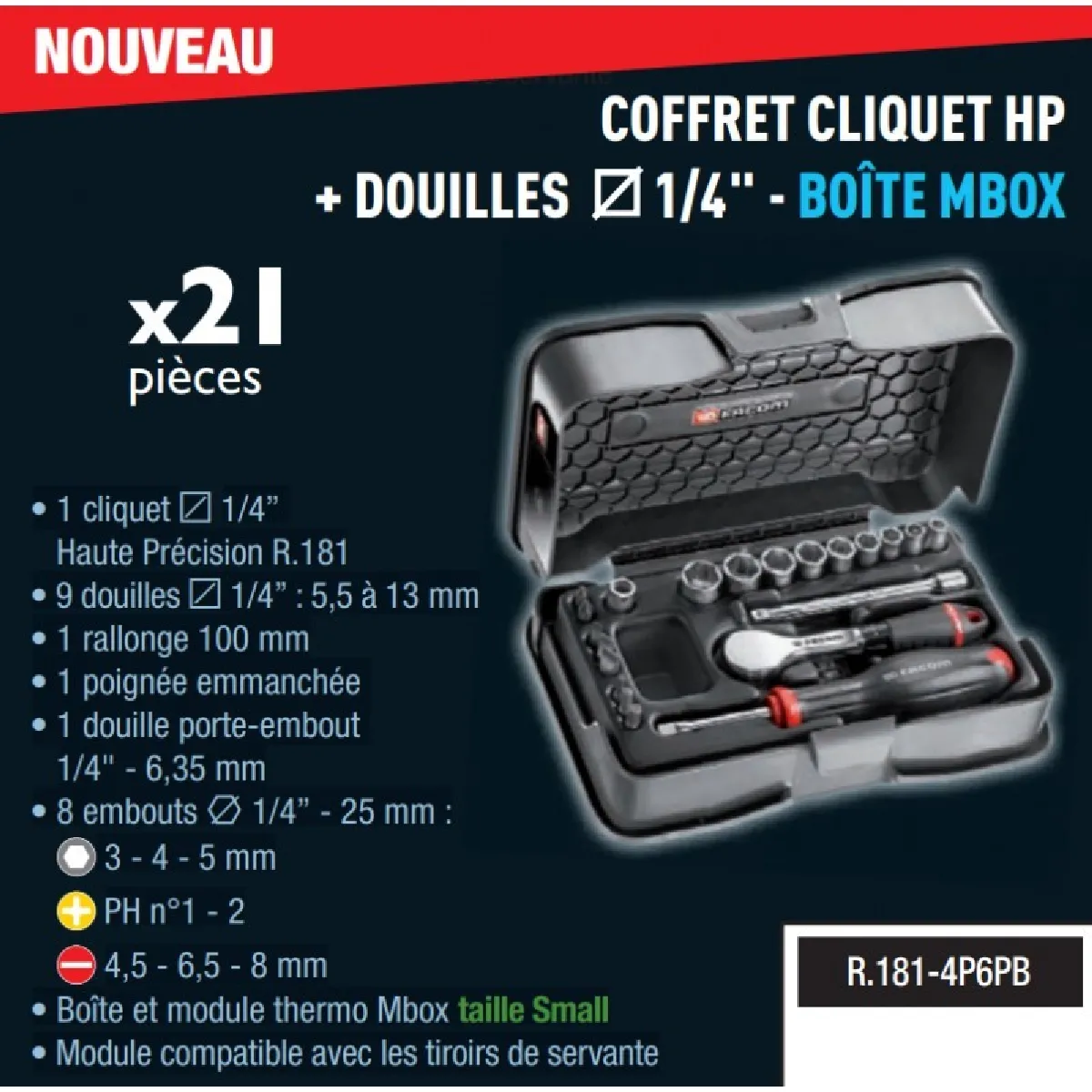 Facom Coffret cliquet HP + douilles 1/4'' 21 pièces - boîte MBOX