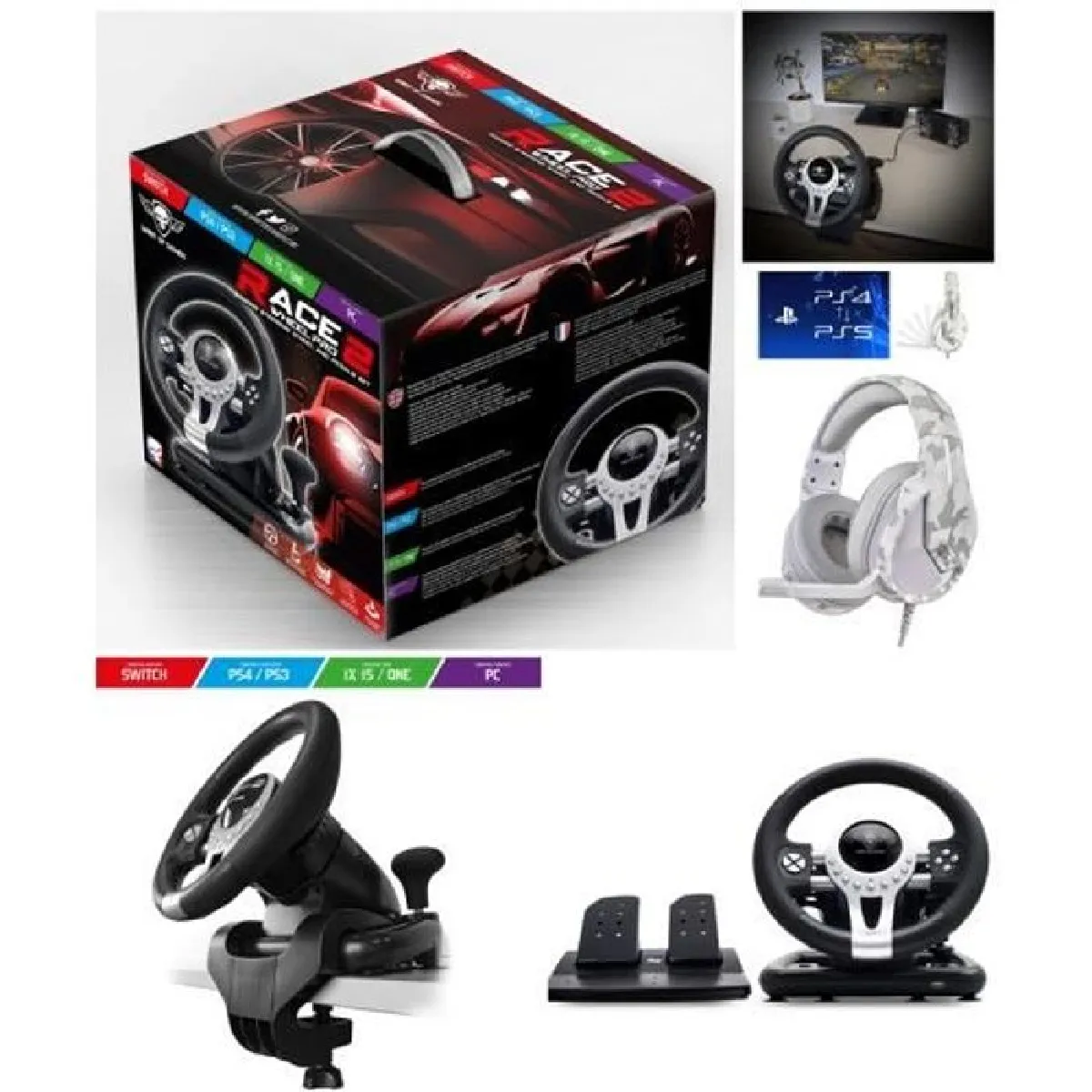 Volant et pédales de jeu Vidéo Race Pro Wheel 2 compatible Xbox Séries X-S PS4 PS3 SWITCH PC SPIRIT OF GAMER + CASQUE GAMER PS4-PS5