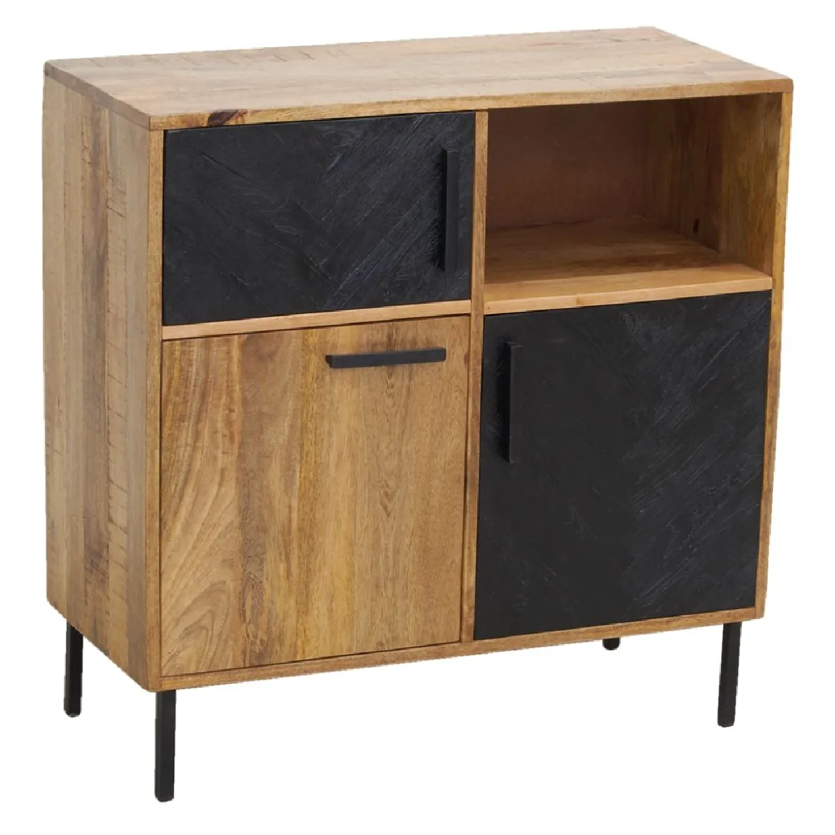 Commode en manguier naturel et teinté noir Damier 3 portes + 1 niche de rangement.