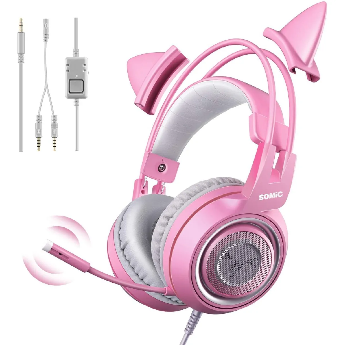 SOMIC G951s Casque de jeu stéréo rose avec micro pour PS4, Xbox One, PC, téléphone portable, 3,5 mm de son Casque d'écoute amovible pour chat Casque d'écoute léger et auto-ajustable pour femme(Rose)