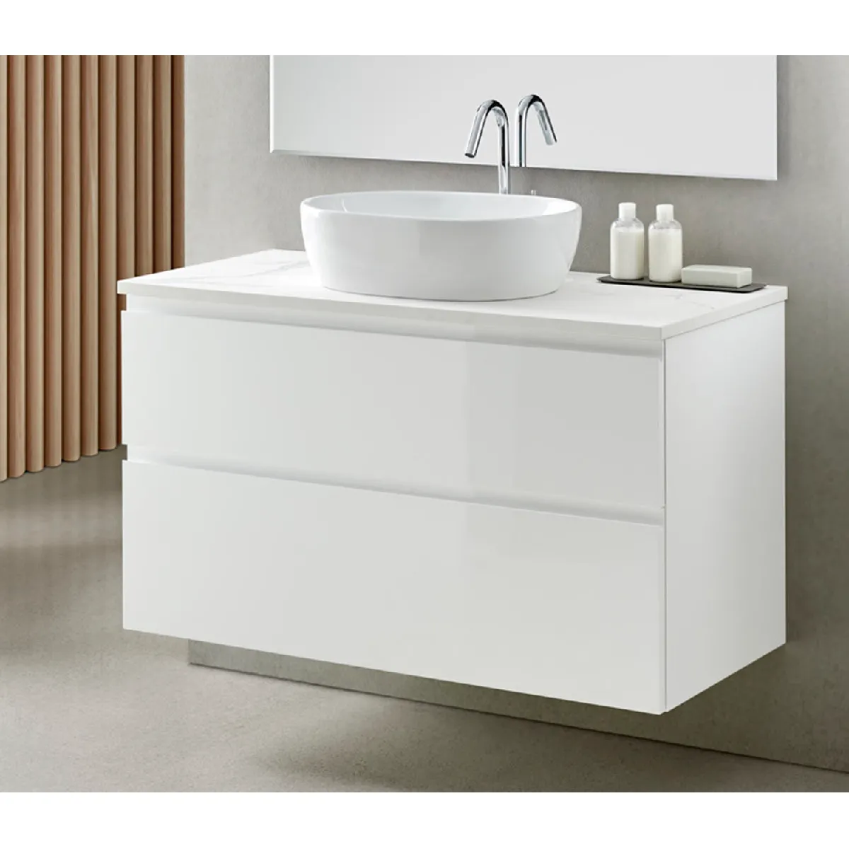 Meuble de salle de bain avec 2 tiroirs suspendus avec plan Marbre Blanc + vasque à poser - Longueur 80 x Hauteur 56 x Profondeur 46 cm