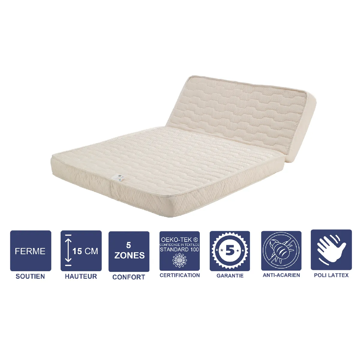 Matelas Ferme Pour tous BZ + Alèse 160x200 x 15 cm avec Mémoire de Forme sur Face Hiver - Déhoussable Housse Lavable - Découpe Assise 60 cm - 5 zones de Confort - Face été et Ame Poli Lattex Haute Résilience - Hypoallergénique