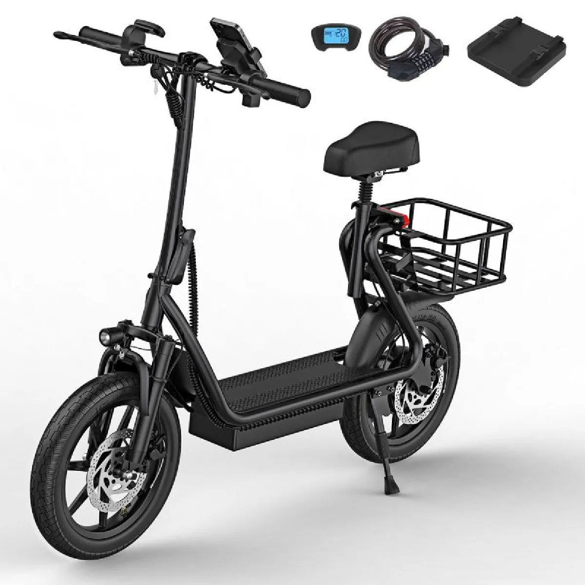 AOVOPRO Trottinette électrique ESBS Avec Siège et Panier 14 pouces- 500W - 10.4Ah - Noir