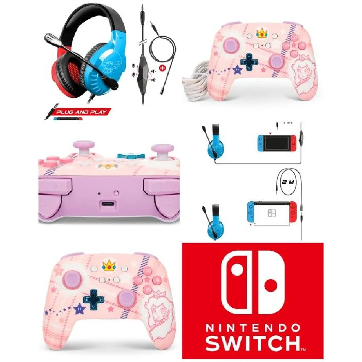 CASQUE PC NINTENDO SWITCH ROUGE ET BLEU + Manette sans fil Bluetooth Améliorée Switch- Princess Peach Plaid