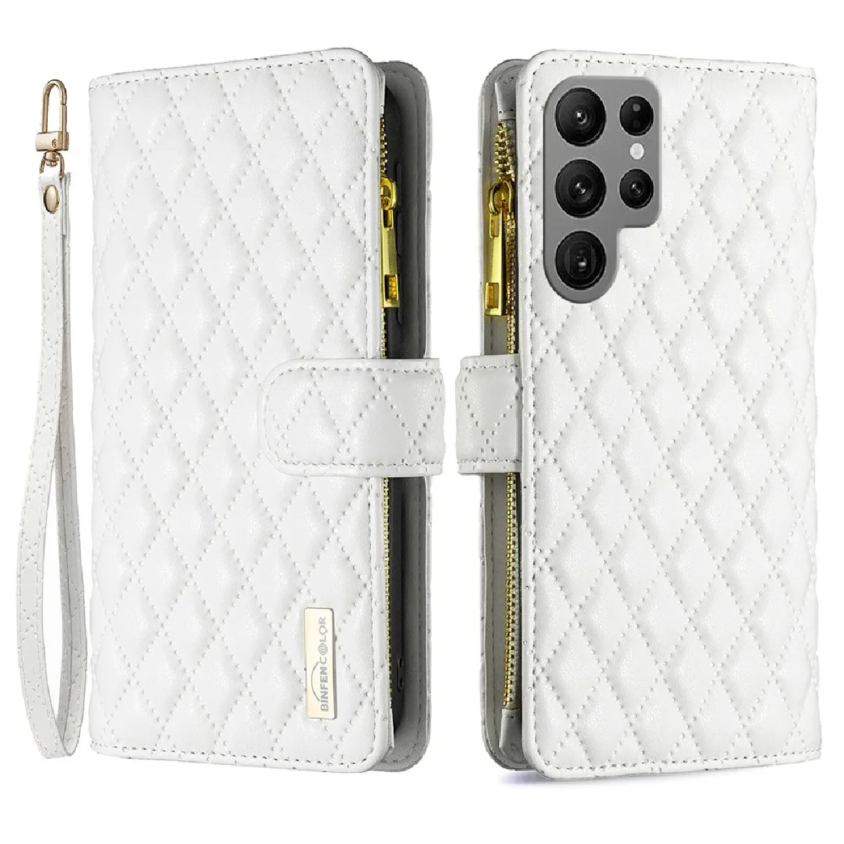 Etui en PU étui antichoc, motif losange avec support et pochette zippée pour votre Samsung Galaxy S23 Ultra - blanc