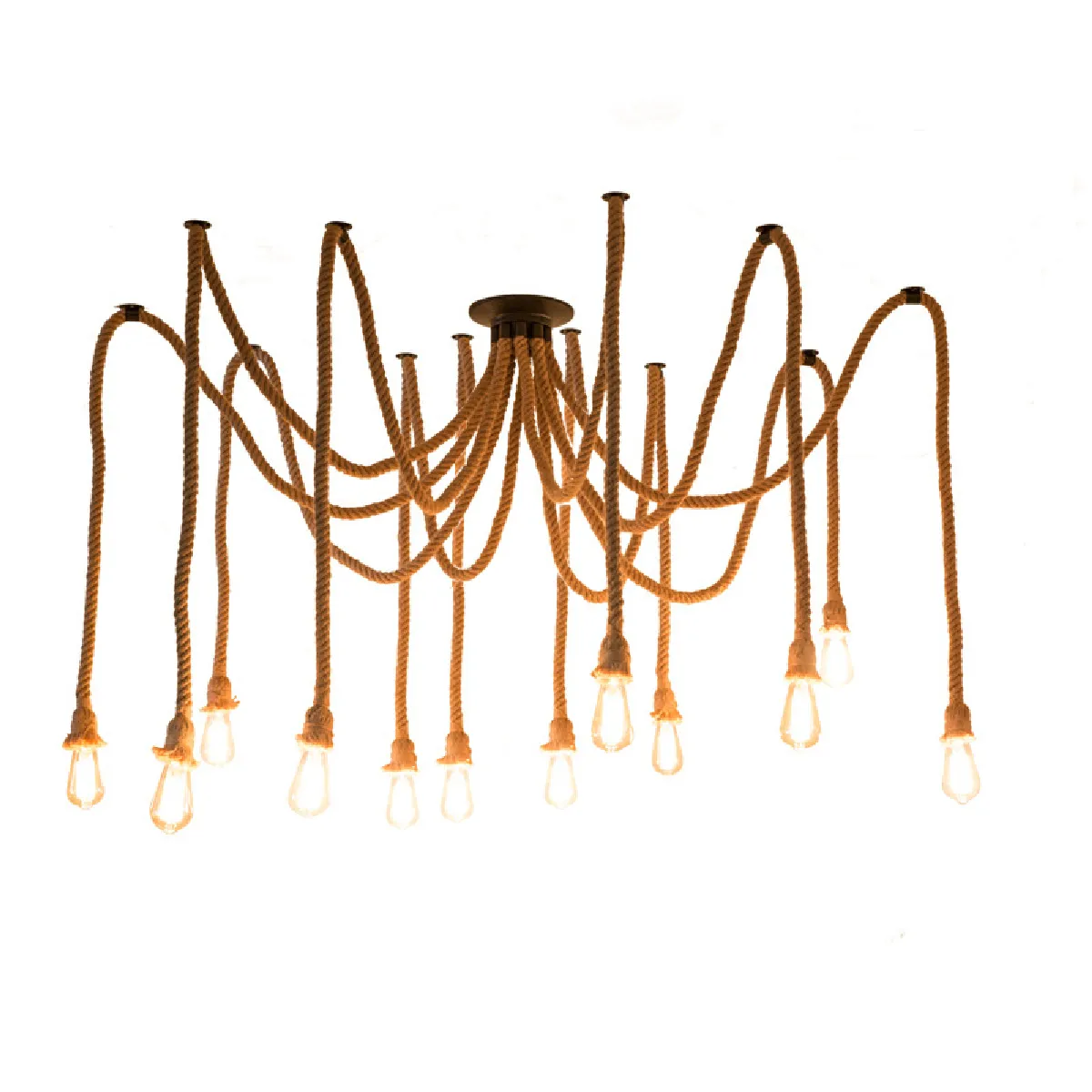 Rétro Lustre Suspension Araignee Corde de Chanvre avec 12 Bras E27 Douille, Industriel Lampe DIY 2.0m Fil Longueur Ajustable Luminaire Décoration Chambre Restaurant Bar