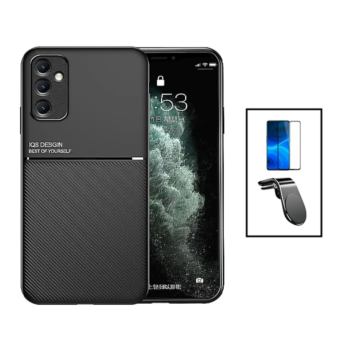 Kit Coque Magnetic Lux + 5D Full Cover + Support Magnétique L Safe Driving pour Samsung Galaxy A14 - Noir