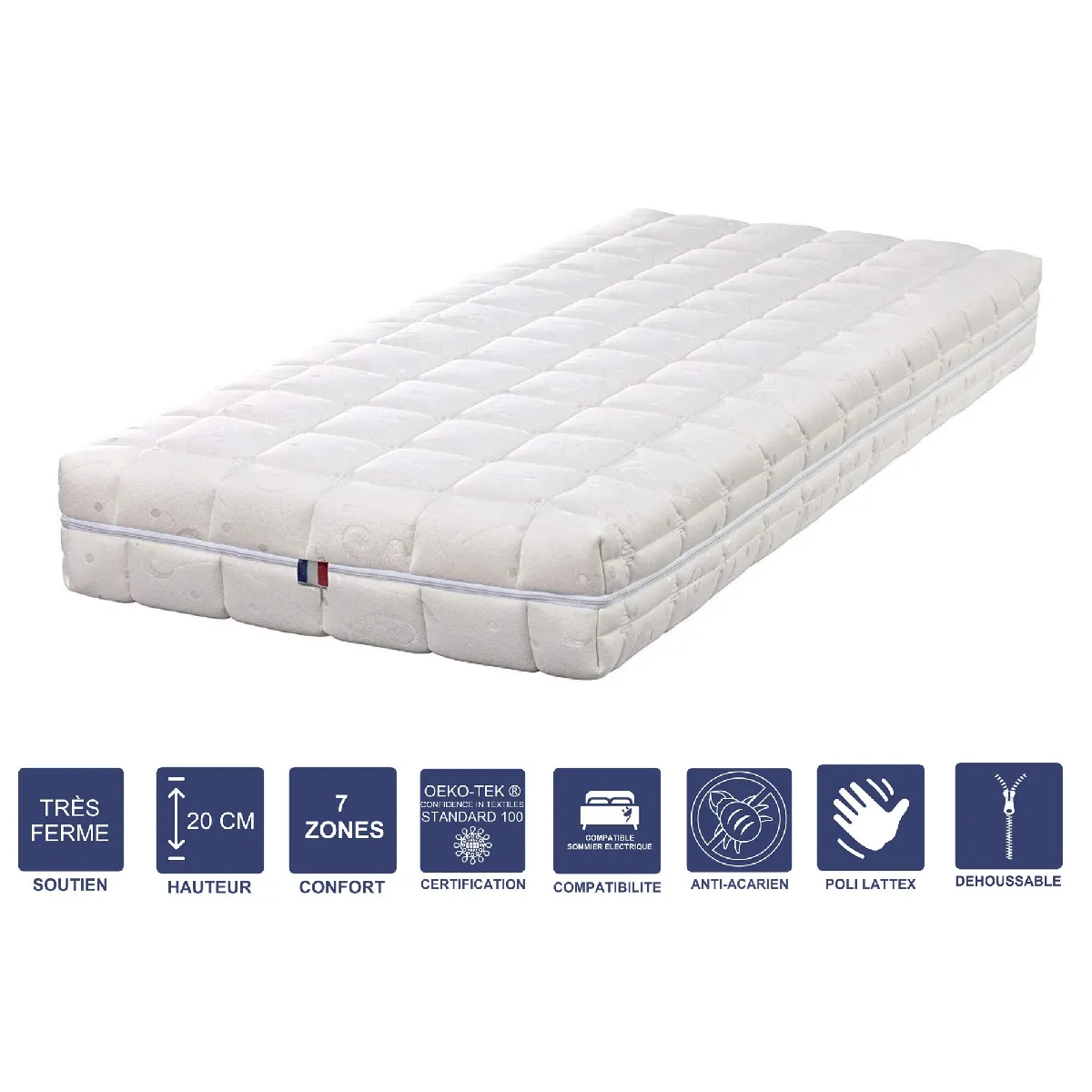 Matelas Mémoire de Forme + Alèse 160x200 x 20 cm Très Ferme - Spécial Sommier Electrique - Déhoussable Housse Lavable - 7 Zones de Confort - Noyau Poli Lattex HR Dernière Génération - Très Respirant