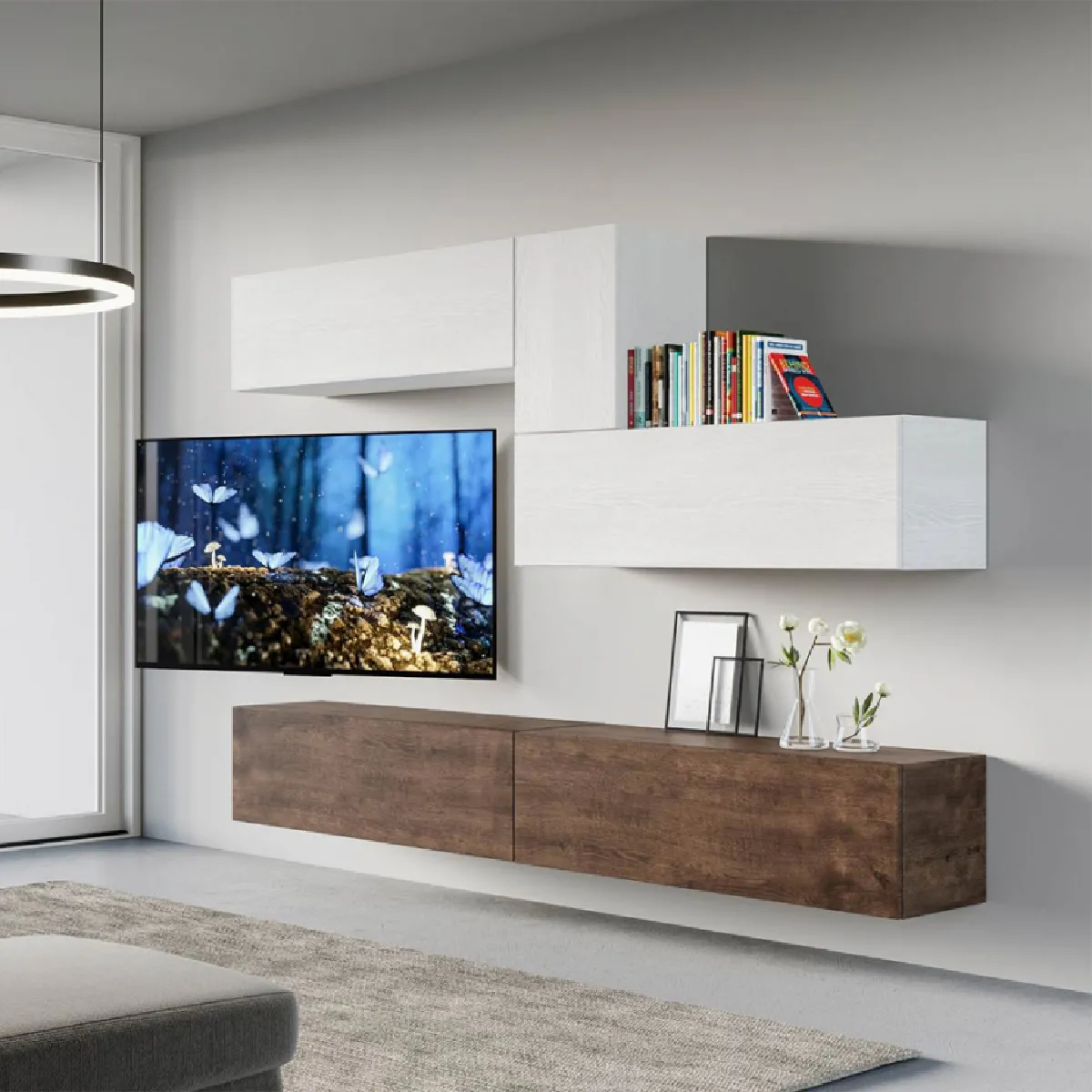 Meuble TV mural suspendu bois blanc salon moderne A04