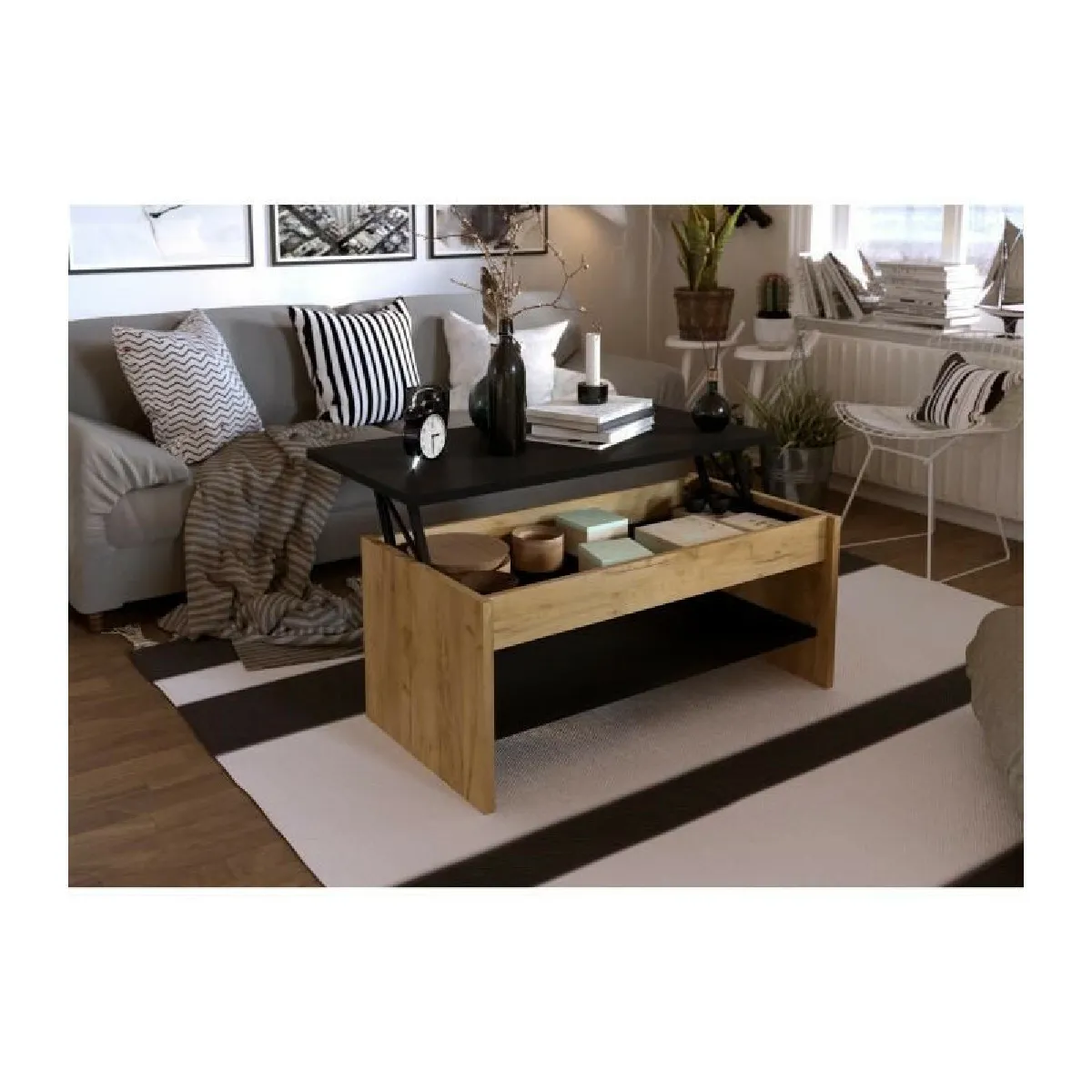 HAPPY Table basse relevable - Decor chene et noir - L 100 x P 50 x H 44 cm