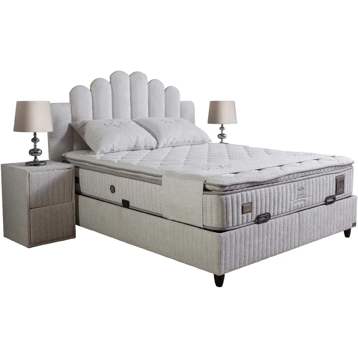 Ensemble de lit coffre 180x200 en tissu bouclette blanc avec un matelas à ressorts ensachés 7 zones de confort de la collection ATHENA