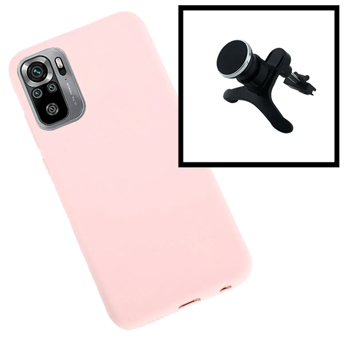 Support Magnétique Renforcé de Voiture + Coque en Silicone Liquide pour Xiaomi Poco M3 Pro - Rose