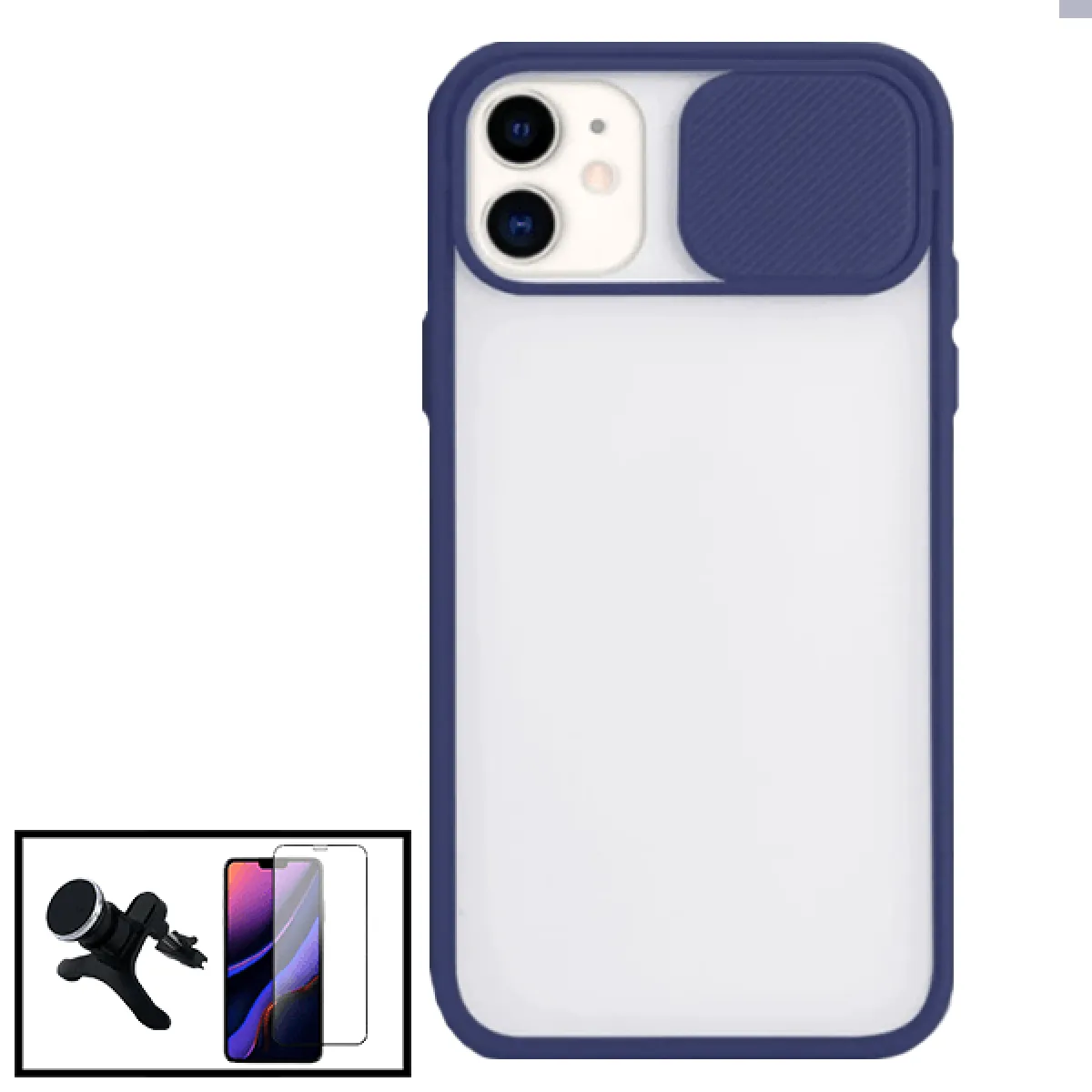 Kit Coque avec fenetre Anti-Choc mat + Film de Verre Trempé 5D à Couverture Complète + Support Magnétique de Voiture Renforcé pour iPhone SE 2020 - Bleu foncé