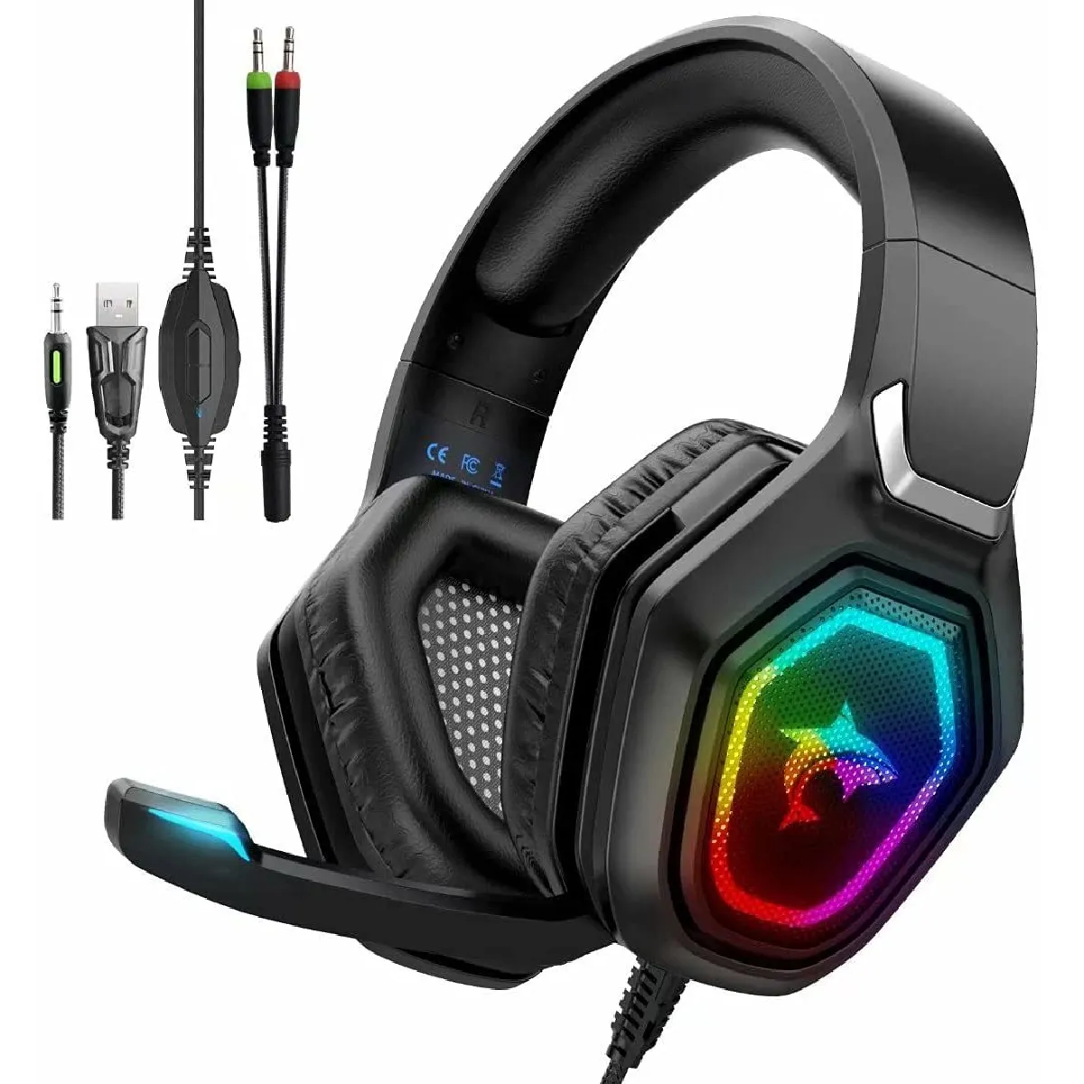 Casque de jeu avec microphone Casque PS5 avec micro antibruit Lumière LED RVB colorée, stéréo cool sur l'oreille pour PS5 PS4, Xbox One, ordinateurs portables, PC, téléphones(noir)