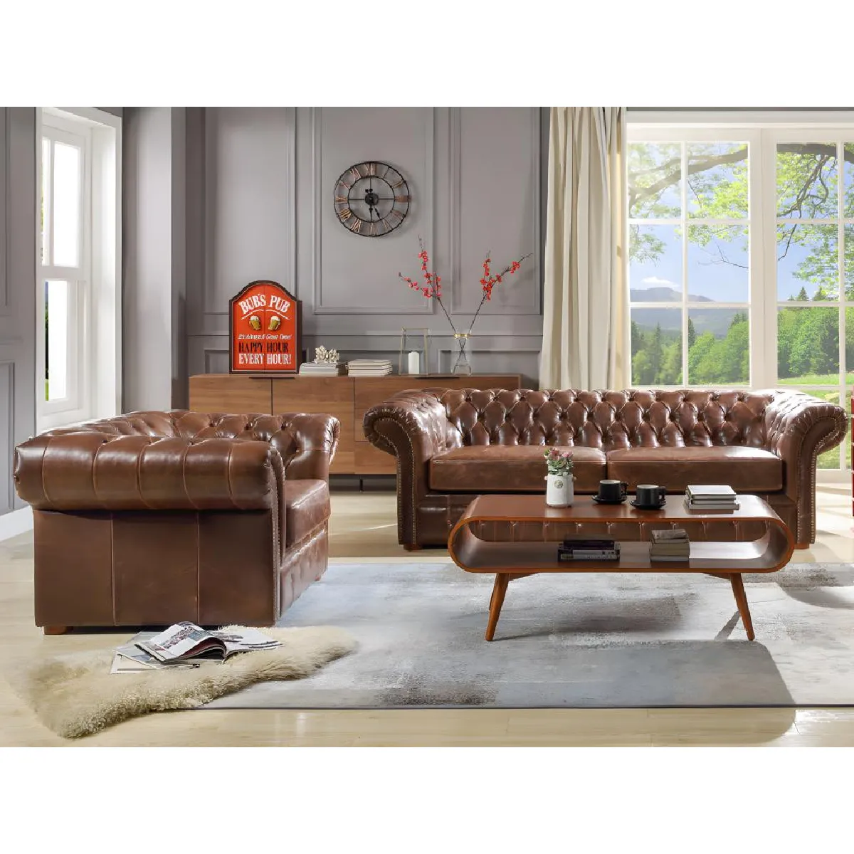 Canapé 3 places et un fauteuil 100% cuir vieilli chesterfield CLOTAIRE