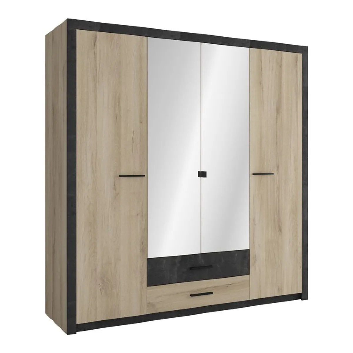 Armoire 4 portes avec miroir COLO lingère et penderie imitation chêne et noir