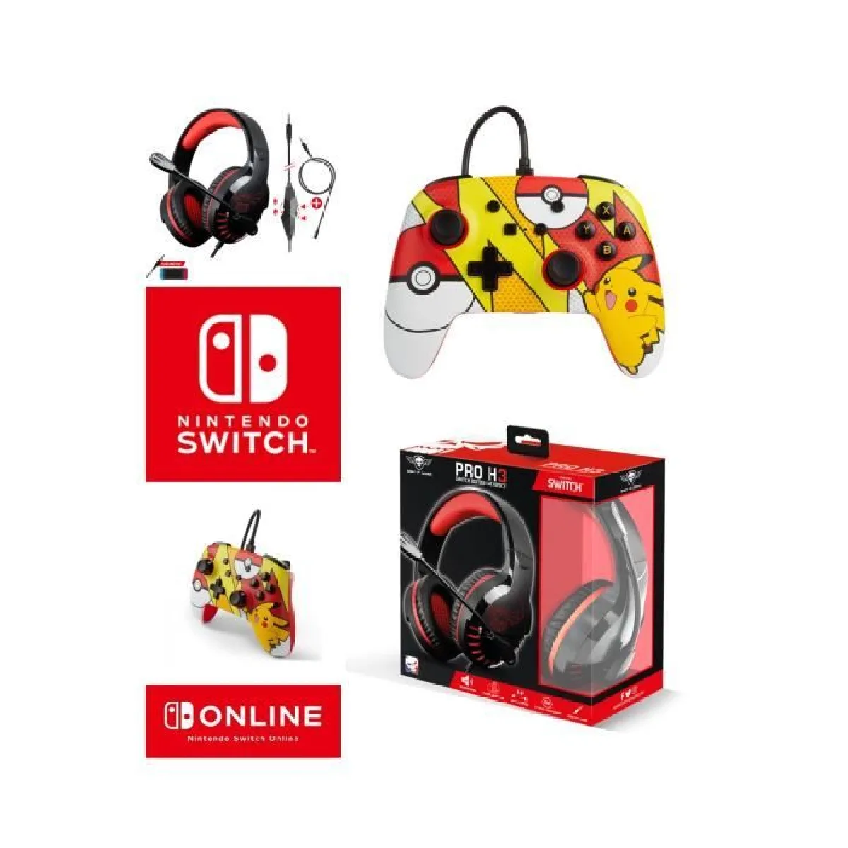 Pack Manette SWITCH Filaire Nintendo POKEMON PIKACHU POP ART Officielle + Casque Gamer PRO H3 Rouge SPIRIT OF GAMER SWITCH