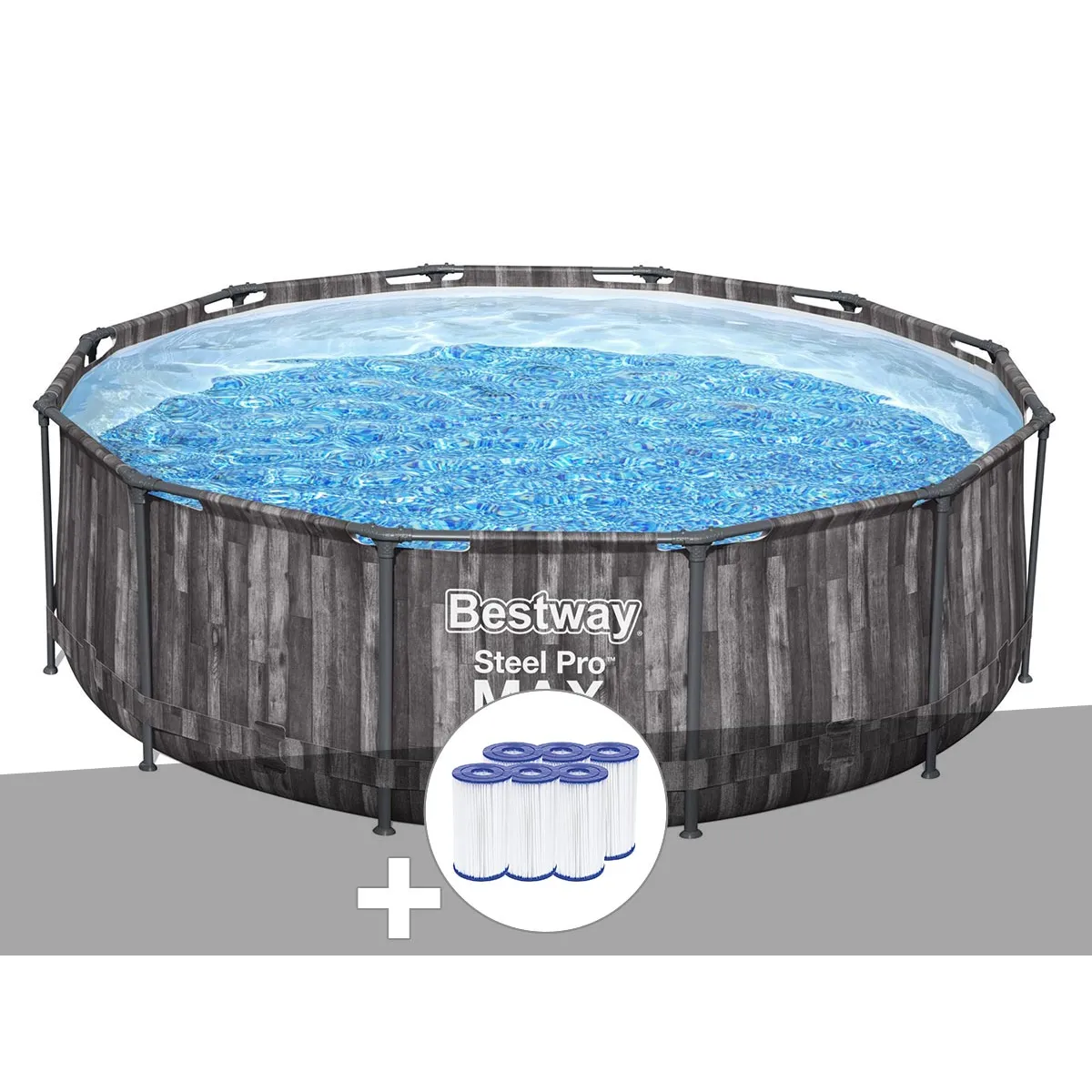 Kit piscine tubulaire ronde Bestway Steel Pro Max décor bois 3,66 x 1,00 m + 6 cartouches de filtration