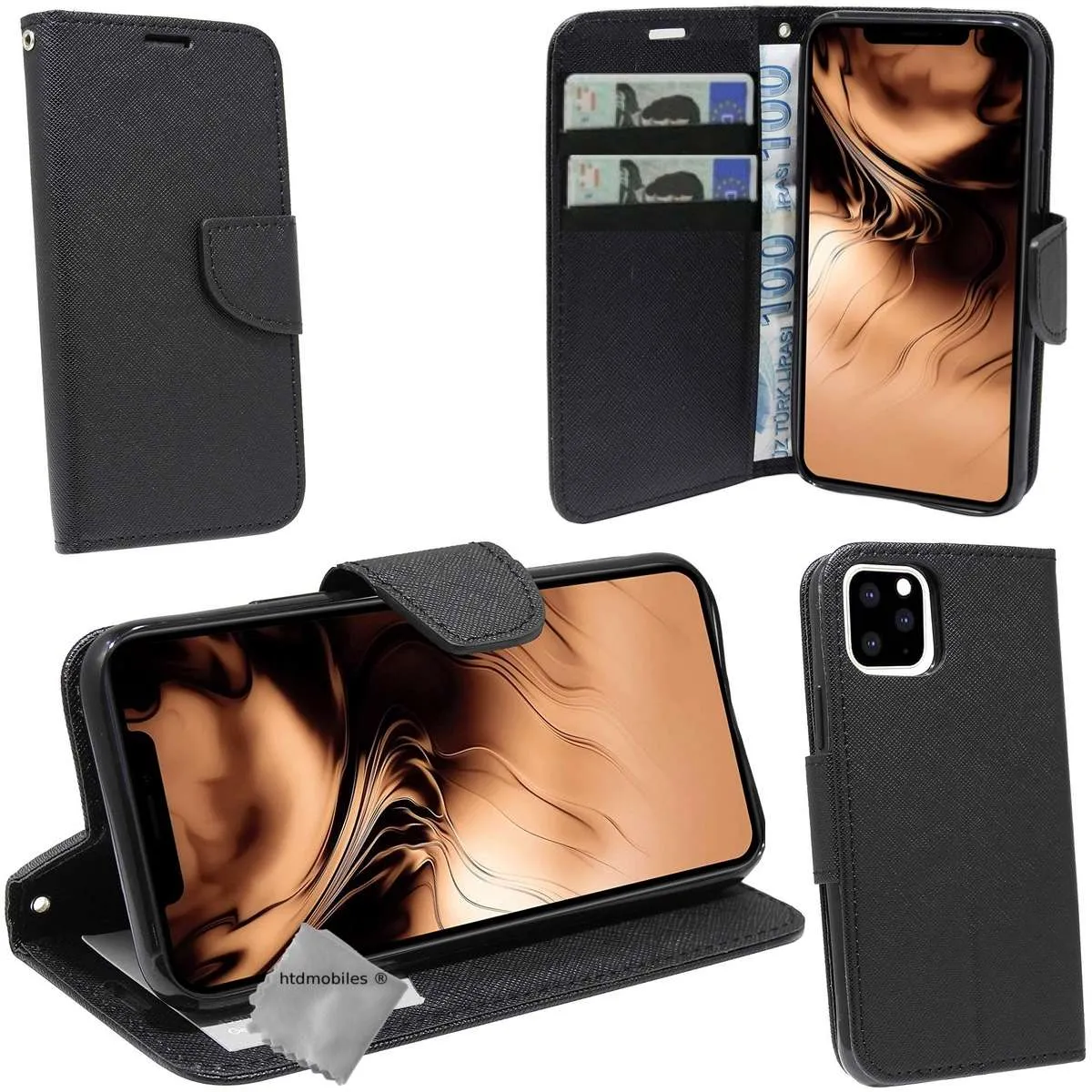 Housse etui portefeuille pour Apple iPhone 11 Pro + verre trempe - NOIR / NOIR