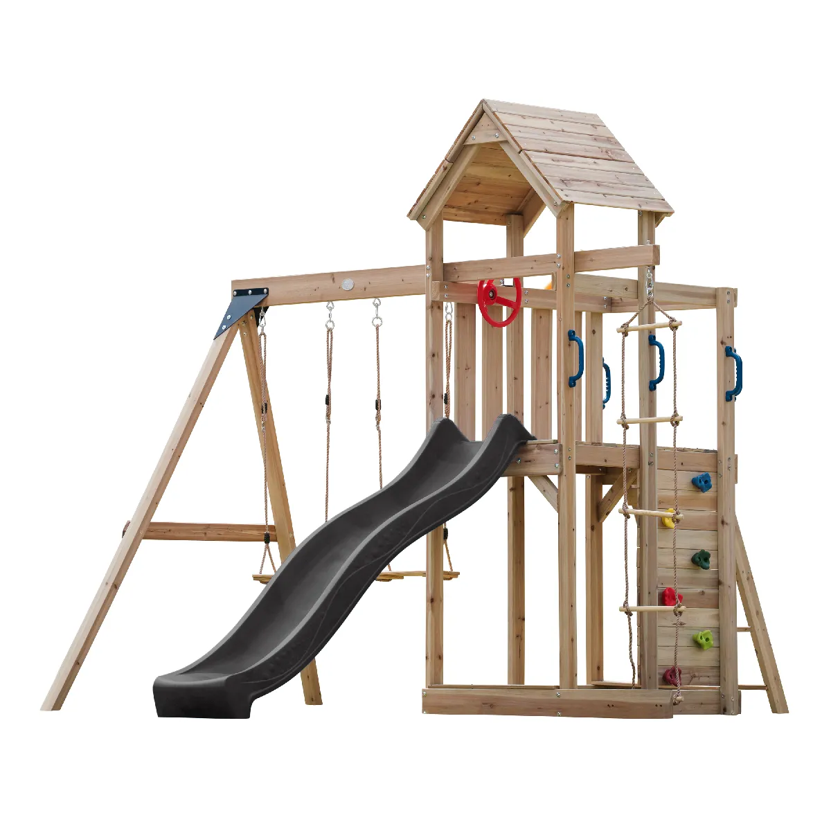 AXI Moos Aire de Jeux en Bois avec 2 Balançoires, Echelle en Corde, toboggan Gris / Aire de Jeux Extérieur avec balançoires/ bac à sable/mur d'escalade- Portique Balançoire/Jeux en Bois Extérieur