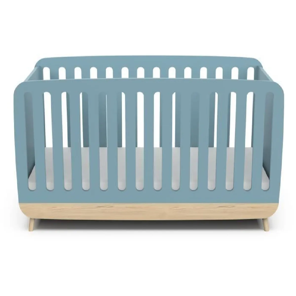 Ens. lit bébé 70 x 140 Kit évolutif, commode 2 tiroirs, 3 niches et 1 plan a langer - FIRMIANA - Scandinave - Bleu / bois -