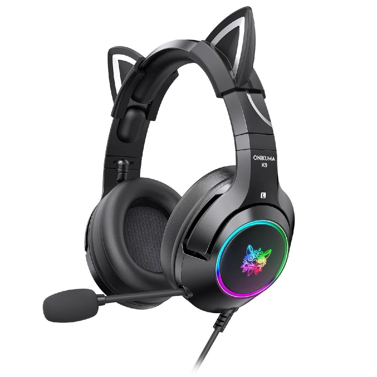 Casque de jeu noir ONIKUMA avec oreilles de chat amovibles, pour PS5, PS4, Xbox One (adaptateur non inclus), Nintendo Switch, PC, avec son surround, lumière LED RVB et microphone rétractable antibruit(noir)