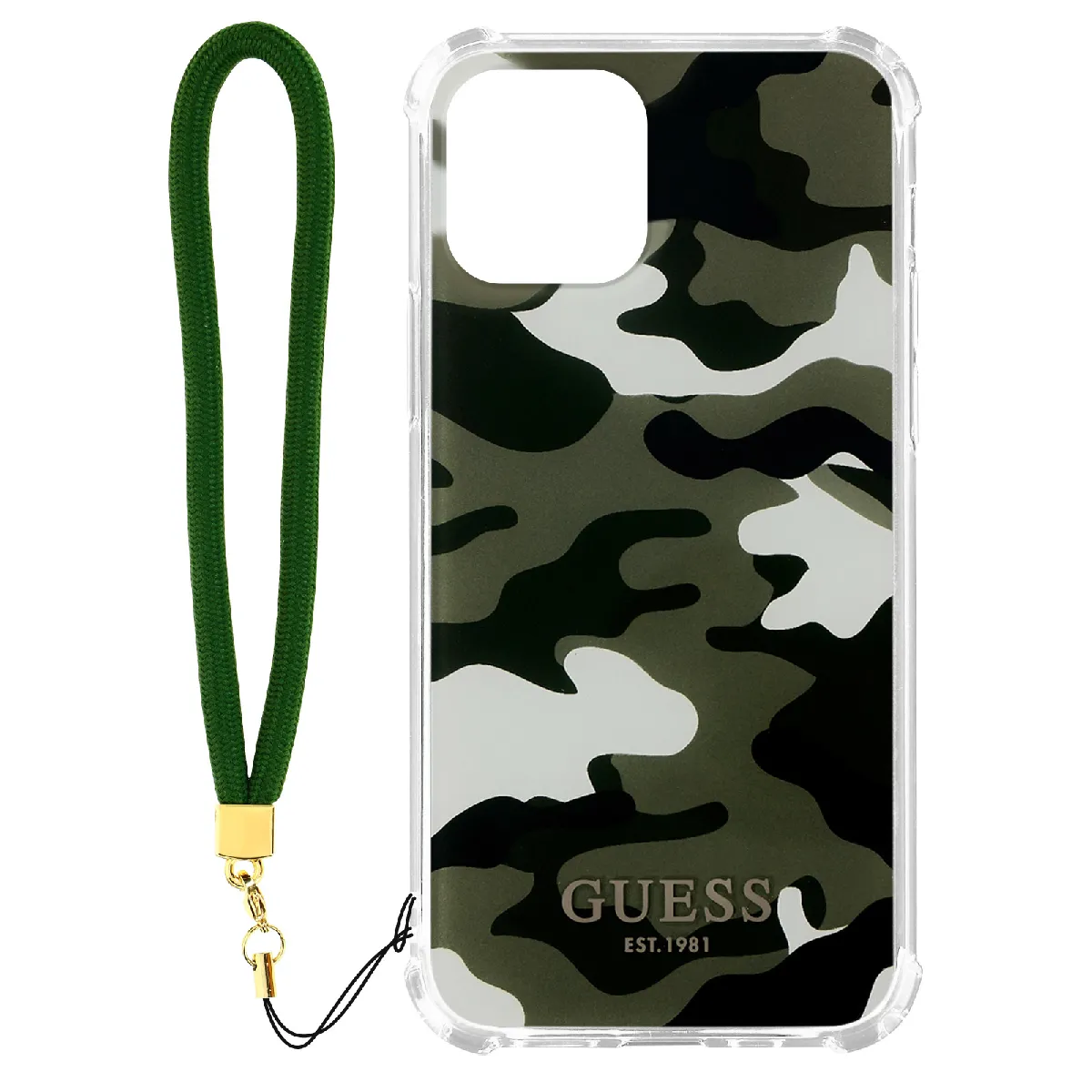 Coque iPhone 11 avec Dragonne Motif Camouflage Guess vert