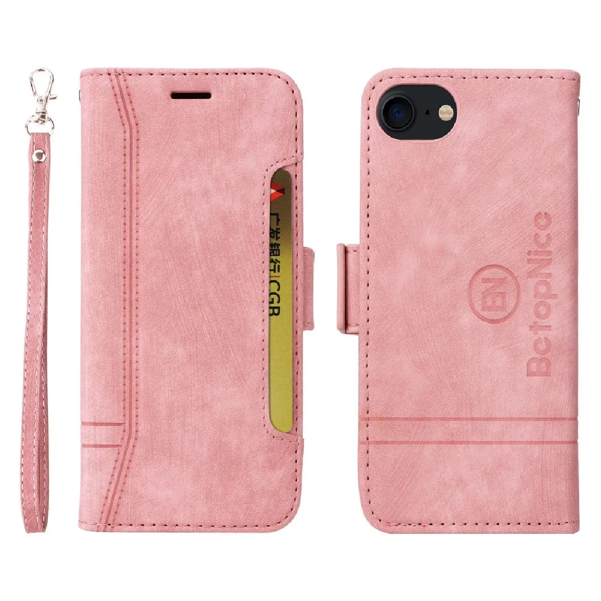 Etui en PU motif de ligne de couture, anti-chute avec support et sangle pour votre iPhone 6/7/8 4.7 pouces/SE (2020)/(2022) - rose