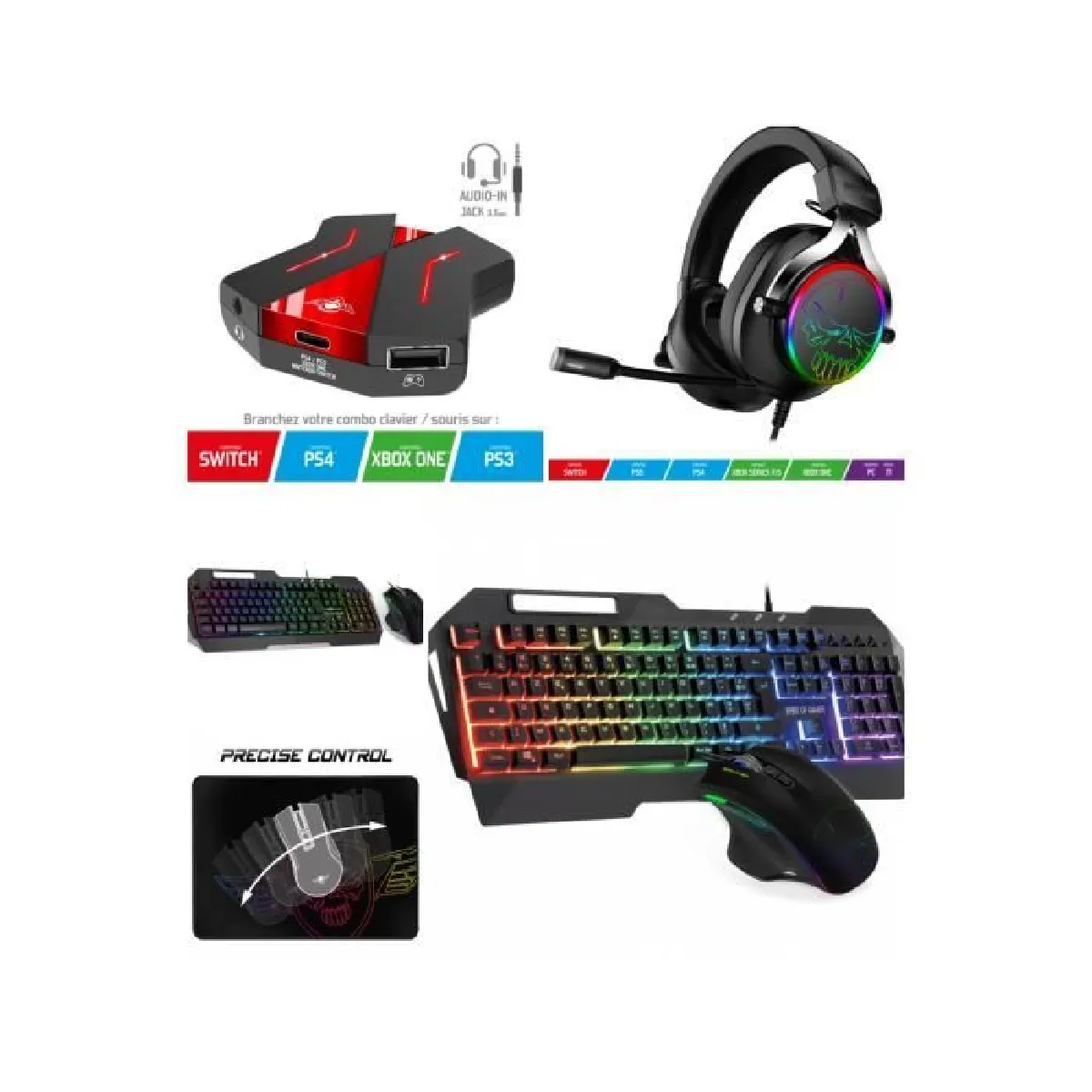 Pack GAMER PRO-ULTIMATE MK30 SOURIS RGB + CLAVIER RGB + TAPIS SOURIS + CROSSGAME NINTENDO SWITCH / PS4 XBOX PC + CASQUE GAMER EH600