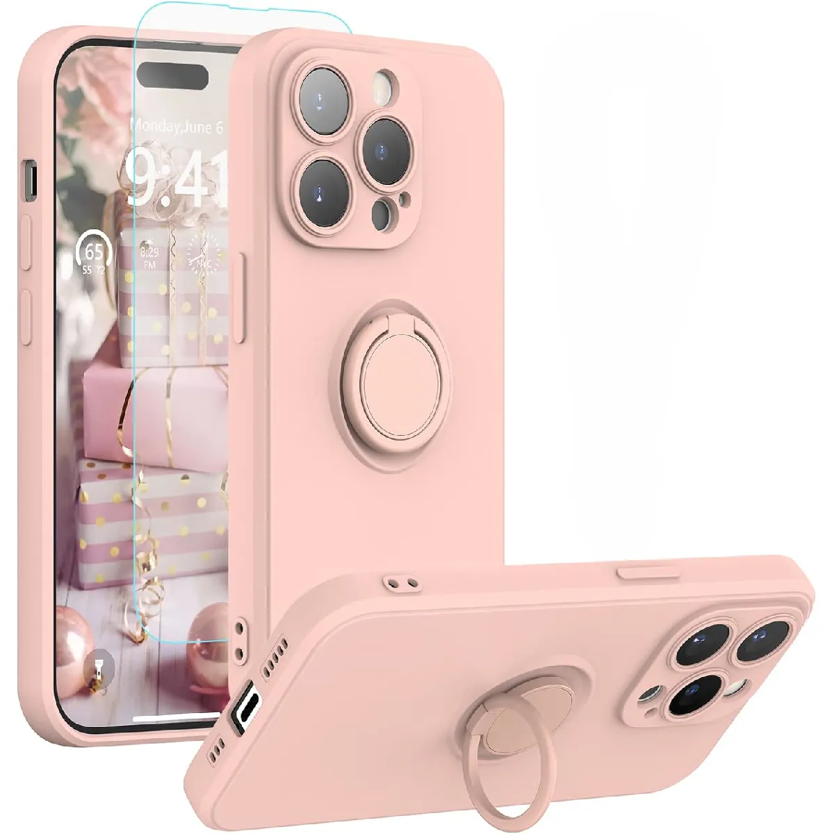 Coque Silicone Pour iPhone 14 Pro Couleur Rose Avec Anneau Support + Verre Trempe Protection Ecran Little Boutik®