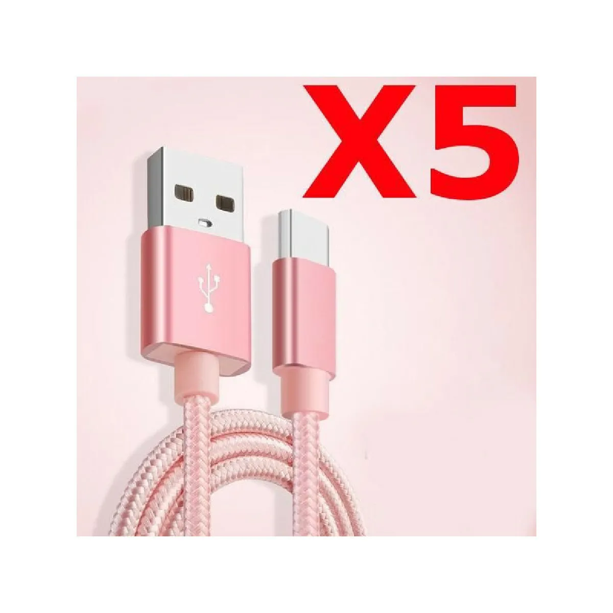 X5 Câble Metal Nylon Renforcé Chargeur USB Type C 1,5m Tréssé Couleur Rose Compatible Samsung LG Sony Wiko Blackberry Motorola