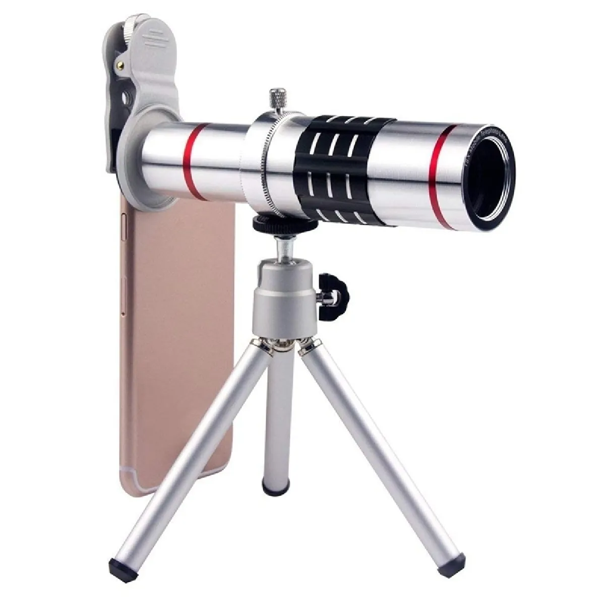 Objectif téléobjectif universel avec zoom 18X avec monture de trépied et clip de téléphone portable, pour iPhone, Galaxy, Huawei, Xiaomi, LG, HTC et autres téléphones intelligents (Argent)