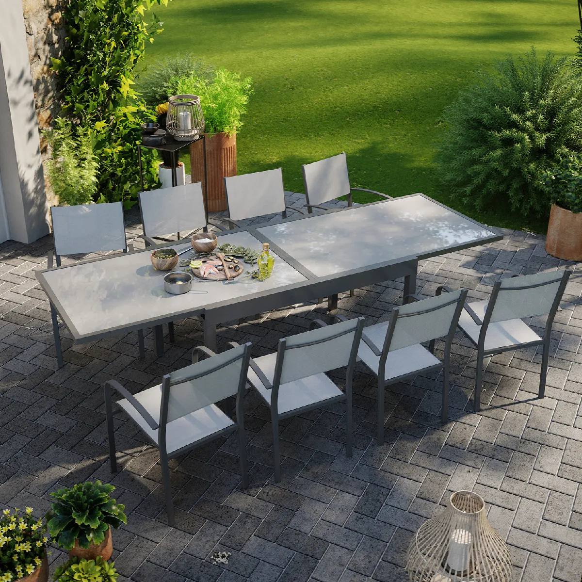 Table de jardin extensible aluminium 270cm + 8 fauteuils empilables textilène anthracite gris - LIO 8