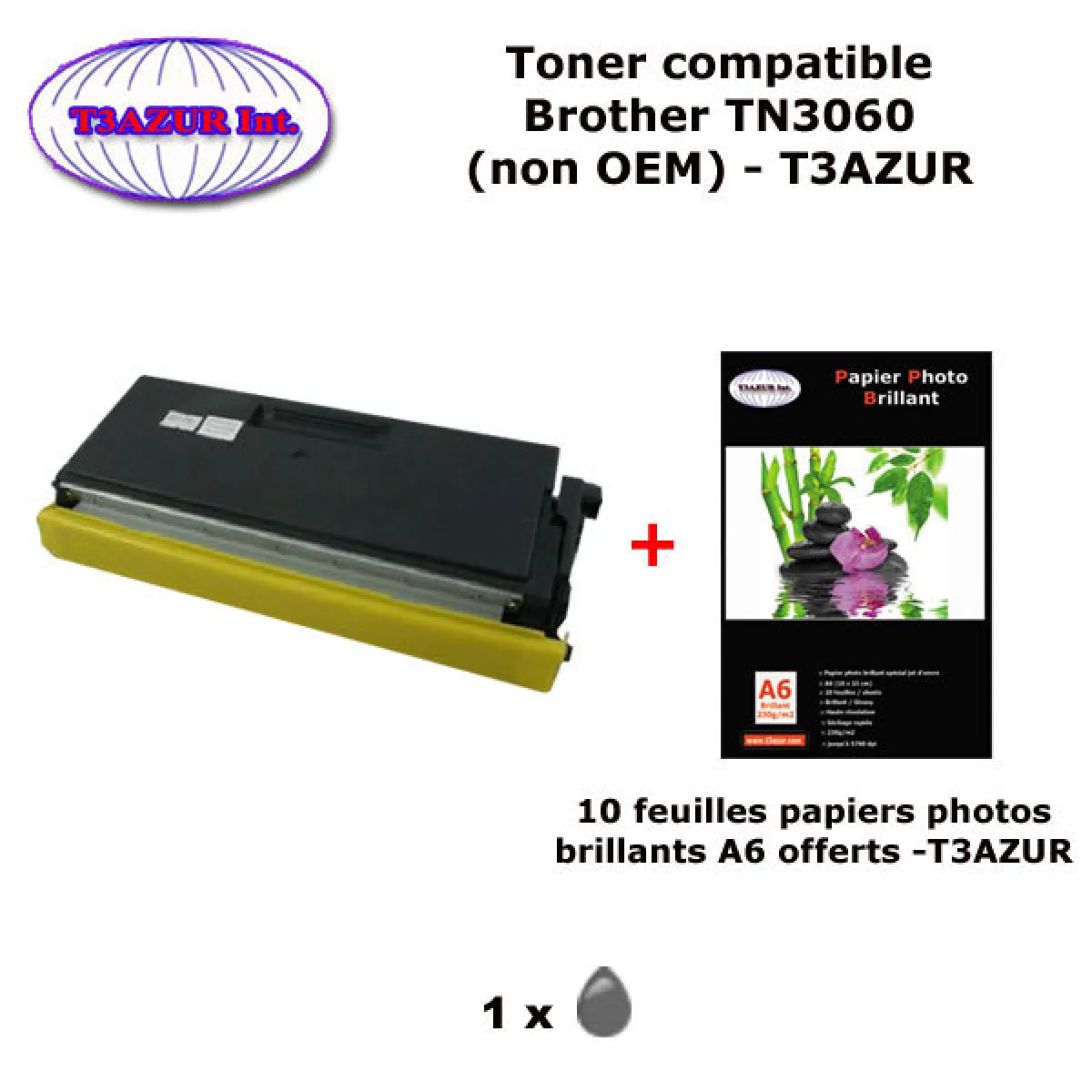 Toner compatible TN3060 pour imprimante Brother DCP 8040, 8040LT, 8045D, 8045DN +10f A6 brillants - T3AZUR