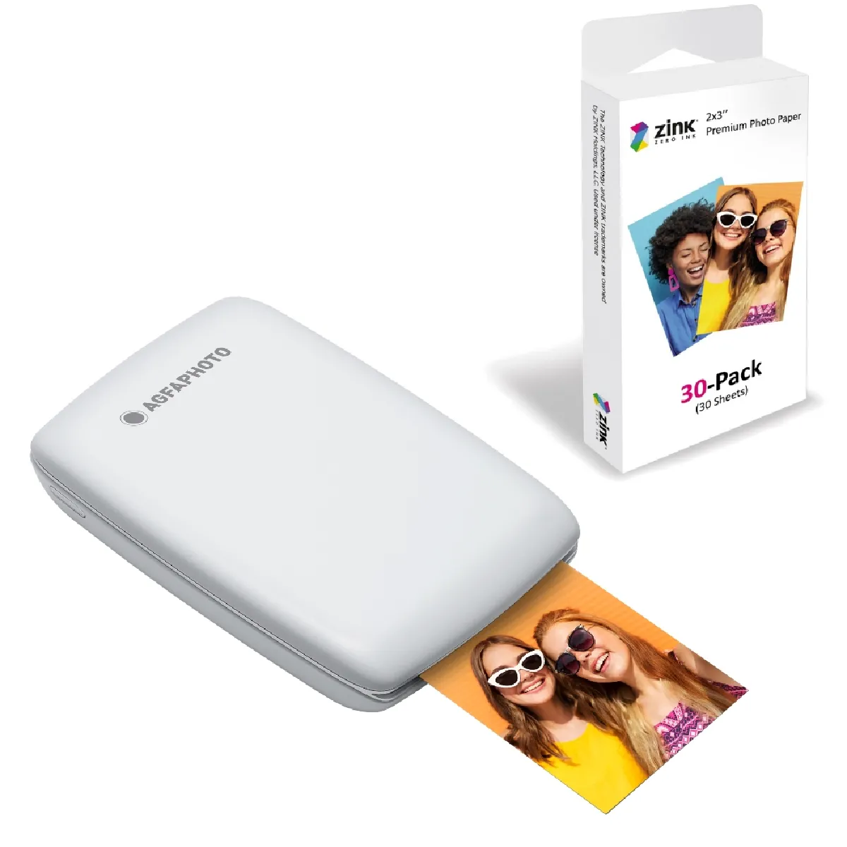 AgfaPhoto Mini P.2 - Pack Imprimante Portable Zink Photos Instantanées + Recharge pour 30 Photos supplémentaires - Impression sans Encre Facile, Rapide - Photo 75 x 50 mm - Smartphones et Tablettes - Blanc