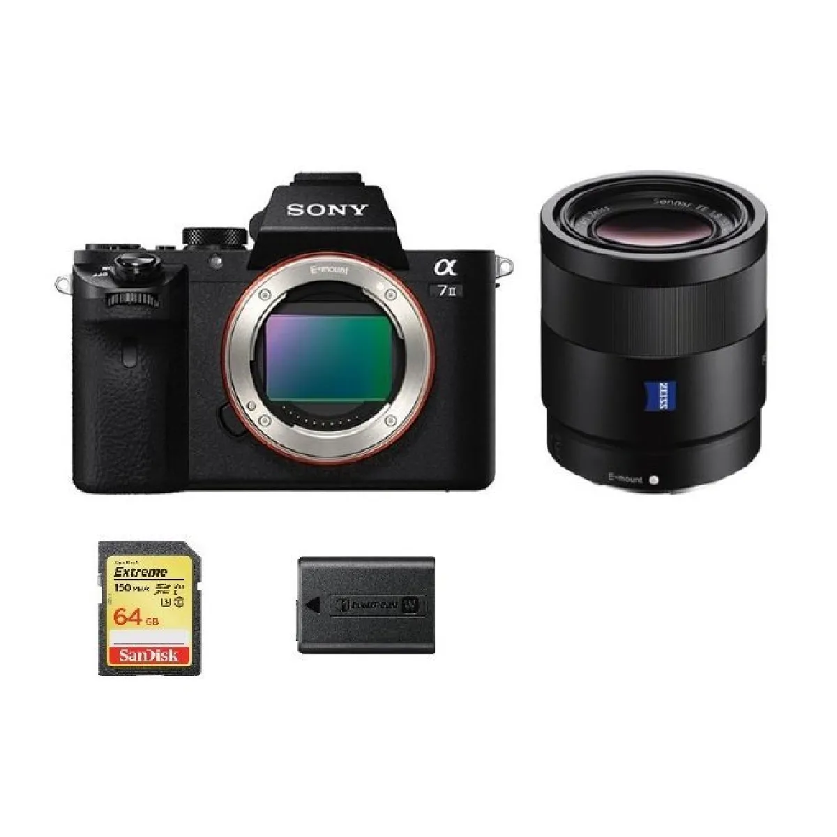 SONY A7 II + SEL 55MM F1.8 ZA + 64GB SD card + NP-FW50 Battery