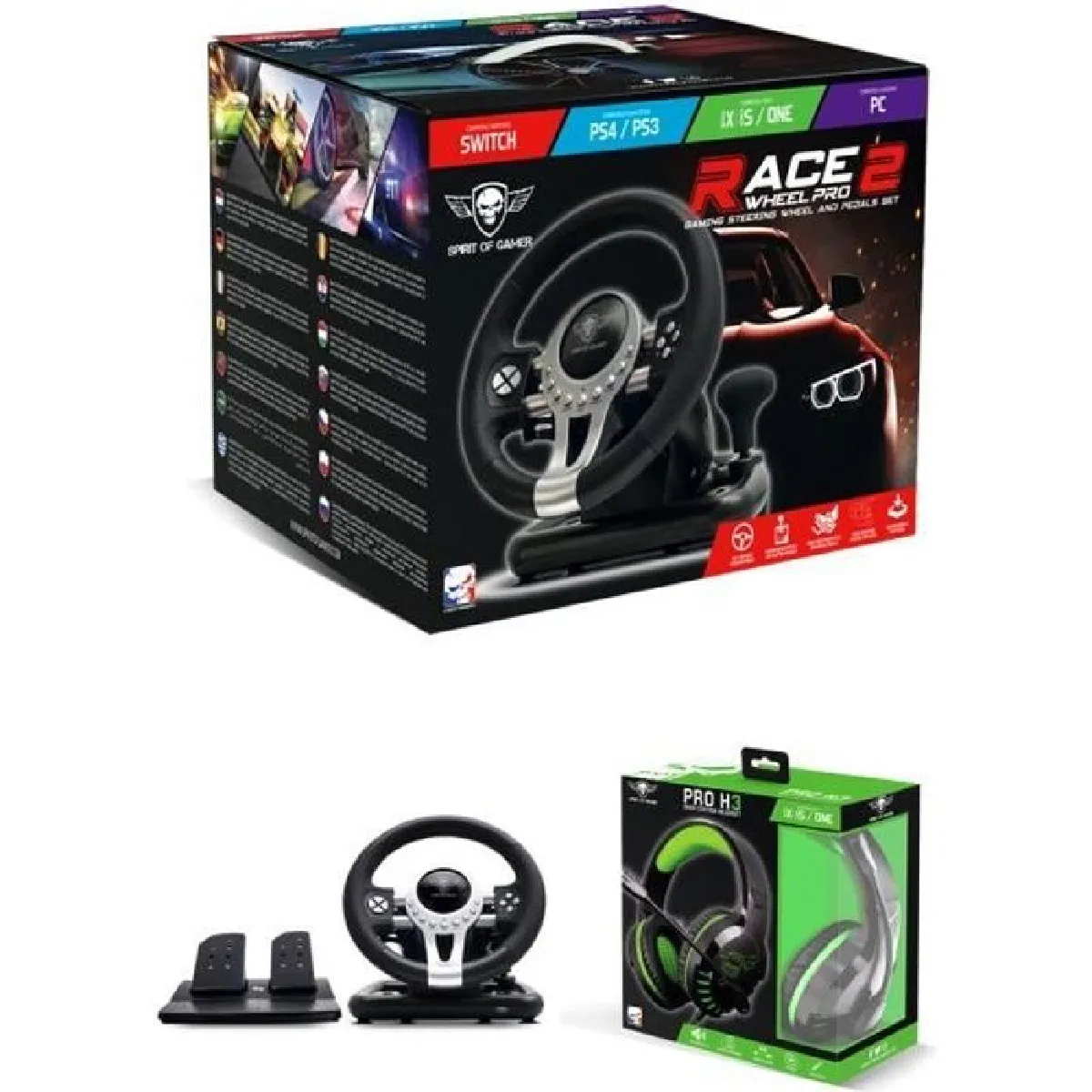 Volant et pédales de jeu Vidéo Race Pro Wheel 2 compatible Xbox Séries X-S PS4 PS3 SWITCH PC SPIRIT OF GAMER + CASQUE GAMER XBOX ONE