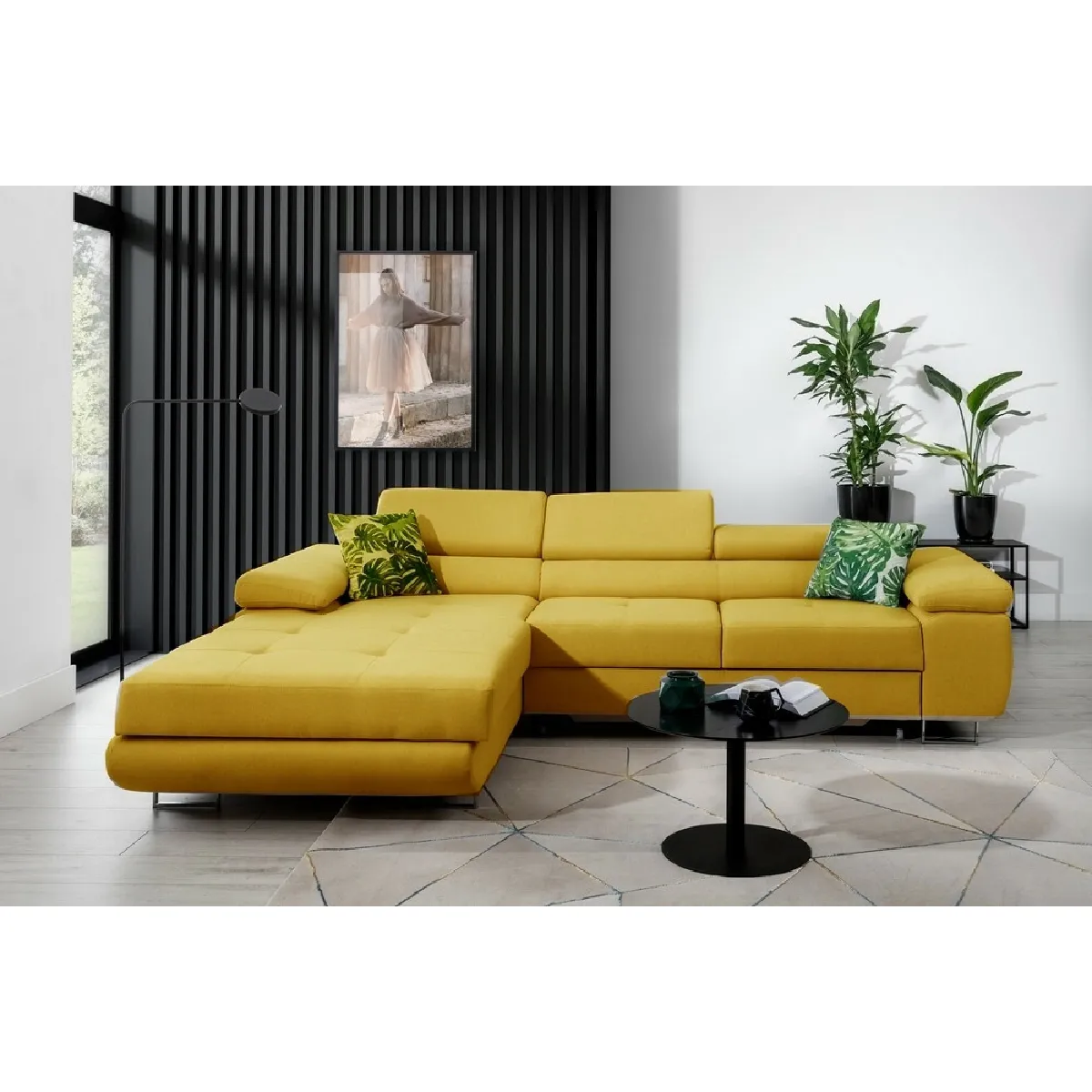 Canapé d'angle convertible ARMEL en tissu luxe 5 places, jaune moutarde, avec coffre, angle gauche (vu de face)