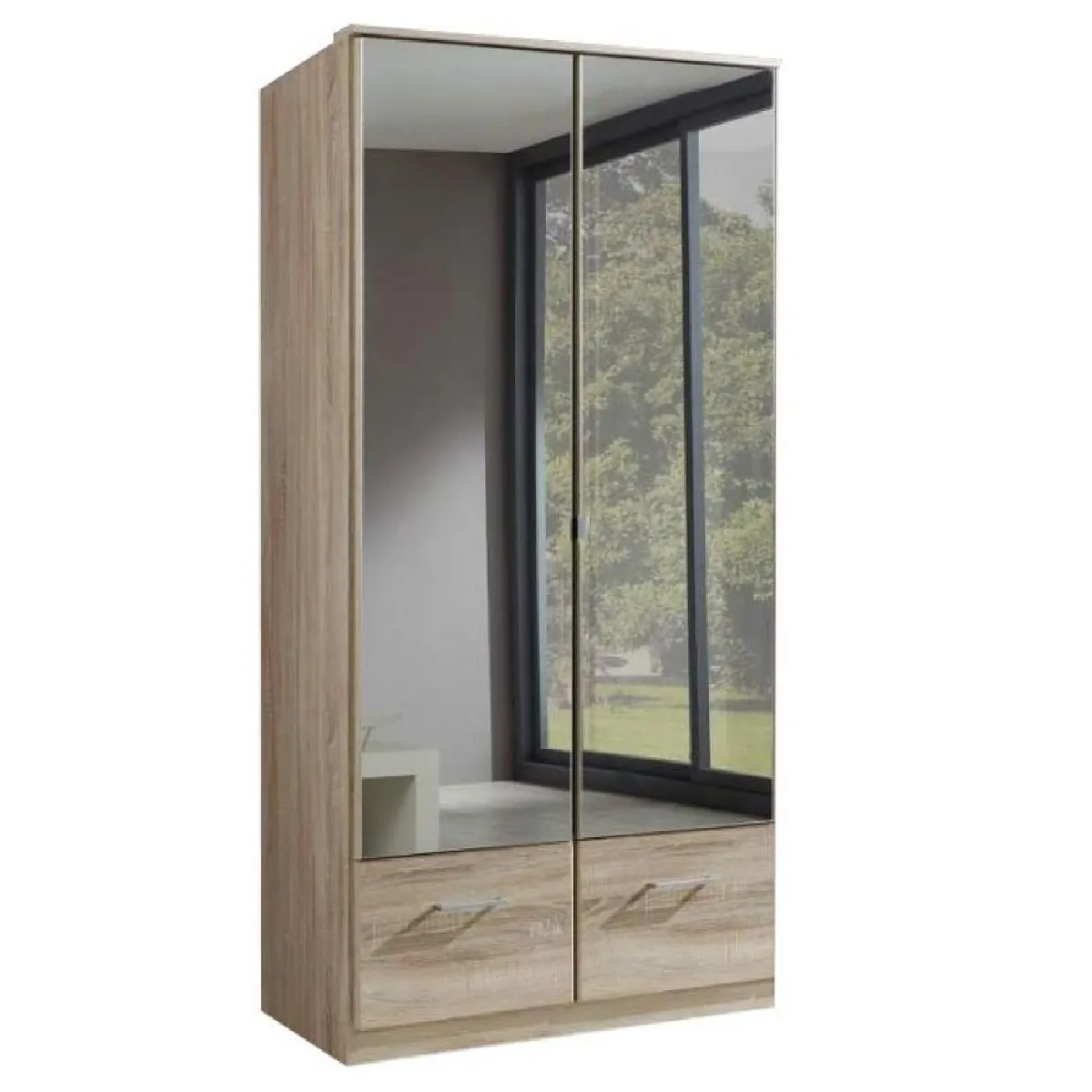 Armoire penderie DINGLE 2 portes miroirs 2 tiroirs largeur 91 chêne