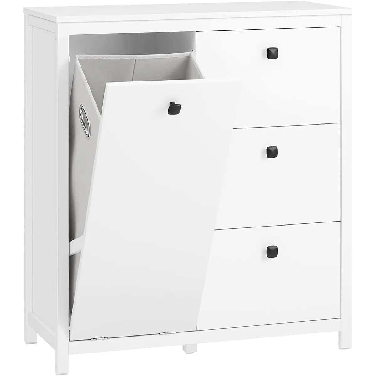 SoBuy BZR97-W Armoire à Linge avec Sac à Linge, Meuble Bas de Salle de Bain, Commode pour Salle de Bain, Armoire Toilette avec 3 Tiroirs et 1 Panier à Linge, Blanc, 80x35x90 cm