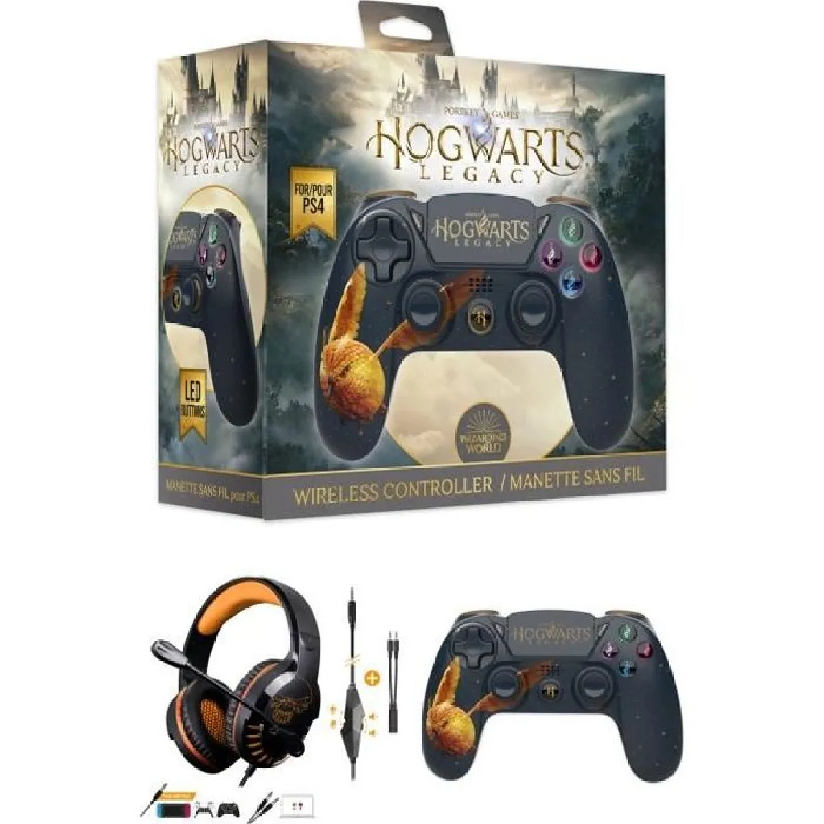 Manette PS4 Bluetooth Harry Potter Hogwarts Legacy Vivet Doré Lumineuse 3.5 JACK + Casque PRO-H3 Orange PS4-PS5 PLAYSTATION