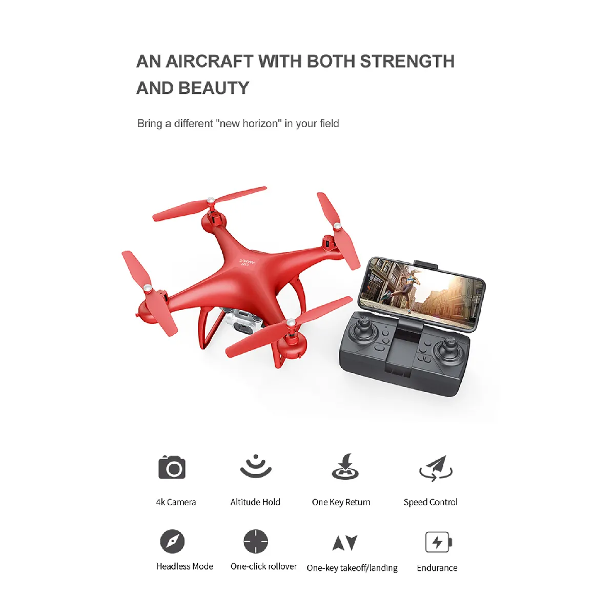 RC Drone FPV WiFi avec photographie aérienne Drone 4K HD Pixel Caméra Télécommande 4 axes Quadcopter Avion Longue durée de vie Jouet de vol(Rouge)