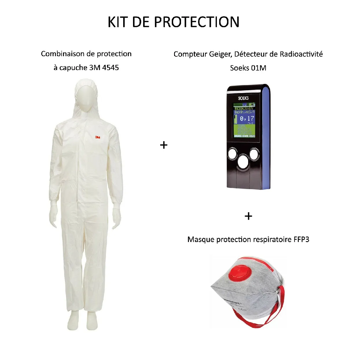 PACK Compteur Geiger, Détecteur de Radioactivité Nucléaire Soeks 01M + Vêtements de protection à capuche Combinaison 3M 4545 Taille XL + Masque FFP3