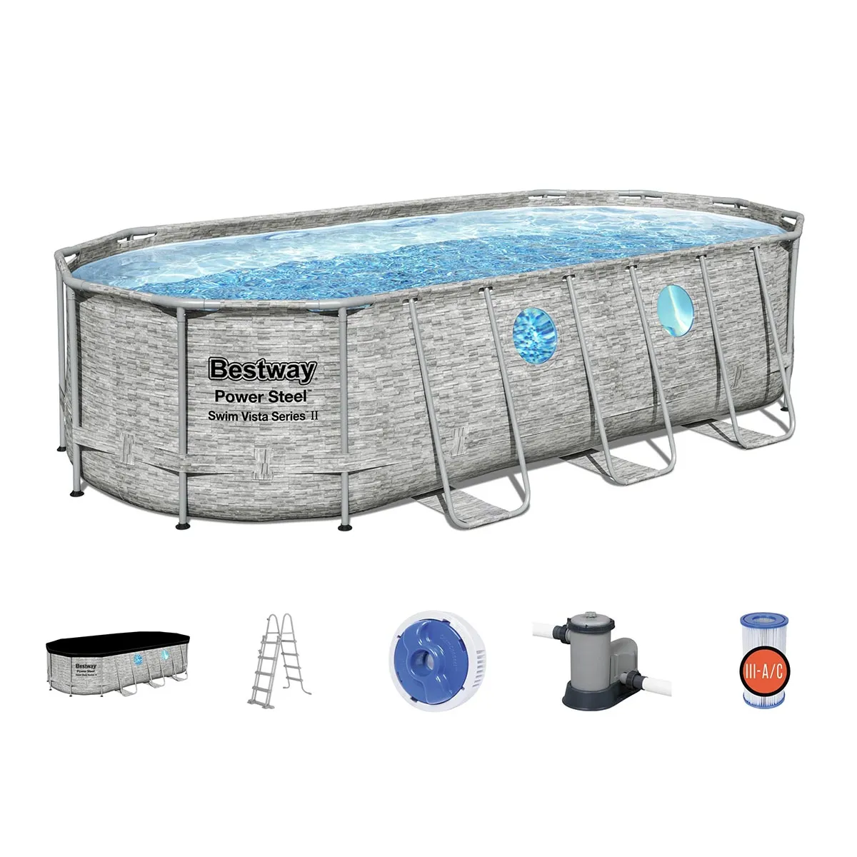 Piscine tubulaire Power Steel SwimVista avec hublots ovale 5,49 x 2,74 x 1,22 m - Bestway