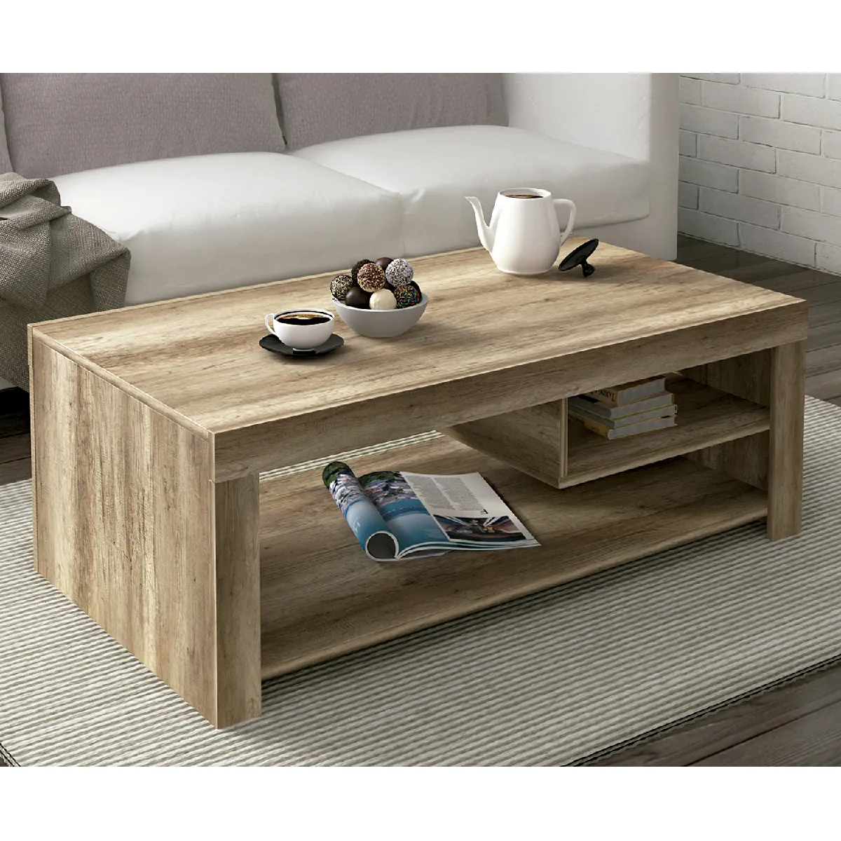 Table basse coloris chêne vieilli - longueur 110,20 x profondeur 60 x hauteur 40 cm