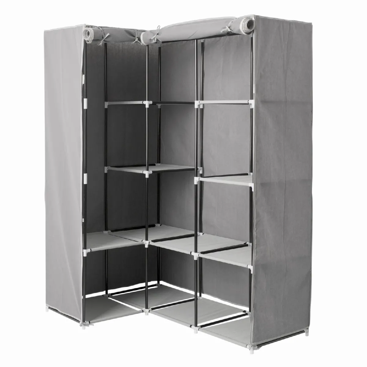 Armoire d'angle avec 1 penderie et 10 étagères - Gris